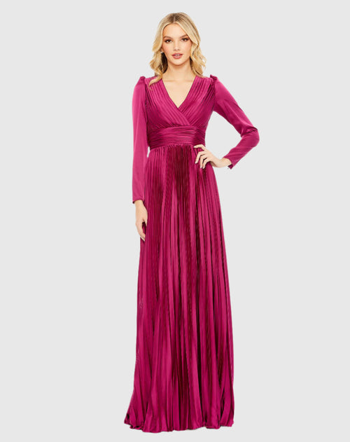 Pleated Long Sleeve V-Neck Gown