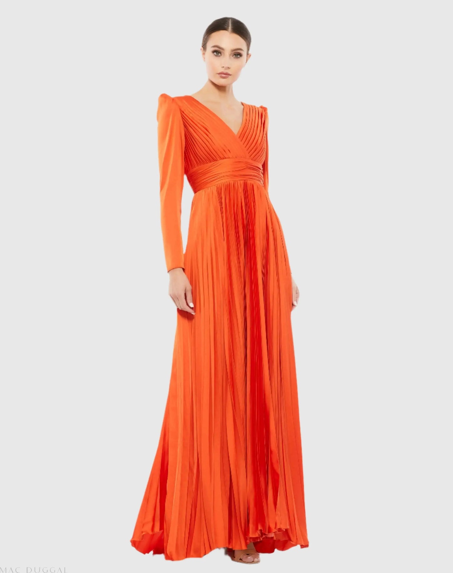 Orange Pleated Long Sleeve V-Neck Gown - Ieena for Mac Duggal
