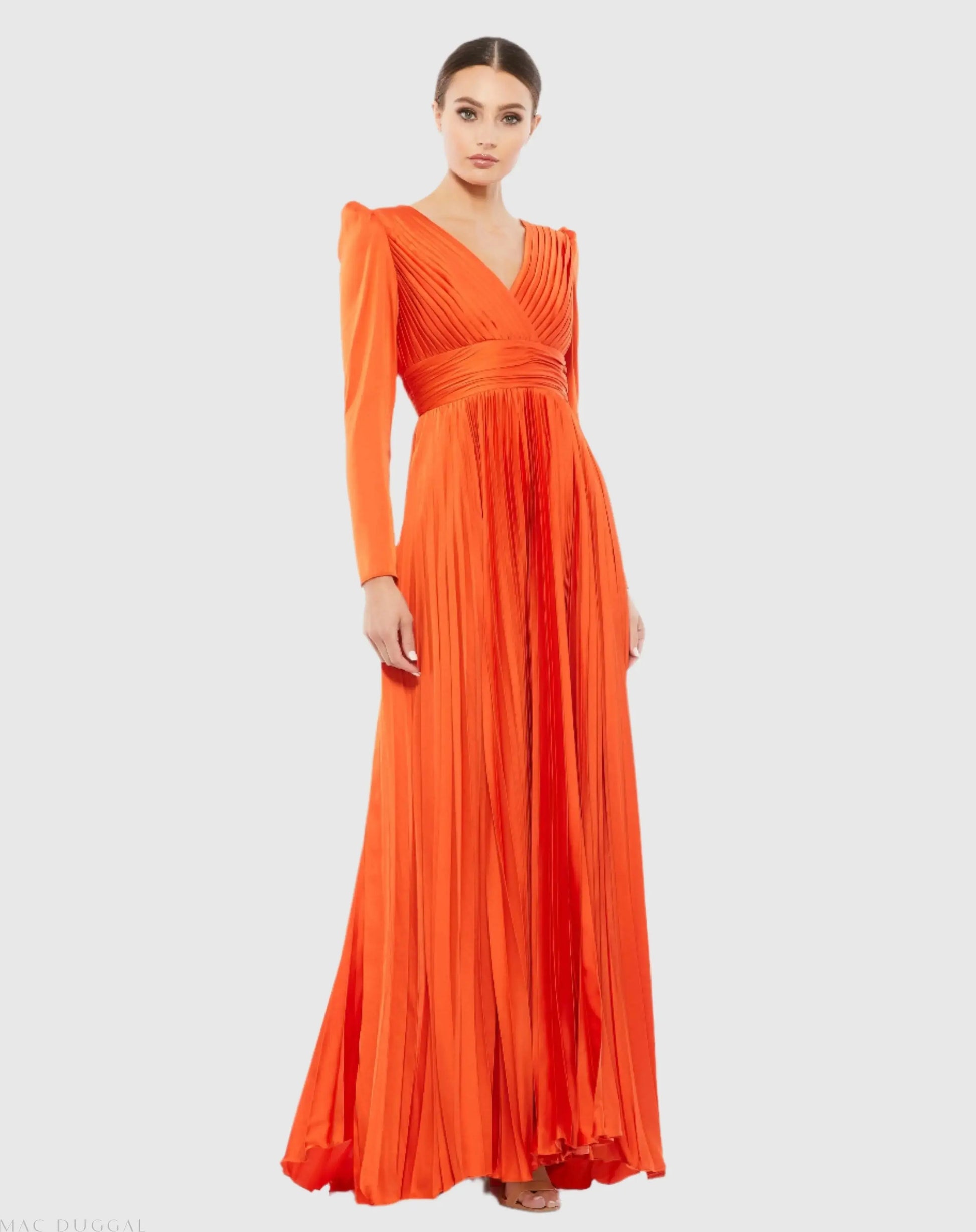 Orange Pleated Long Sleeve V-Neck Gown - Ieena for Mac Duggal