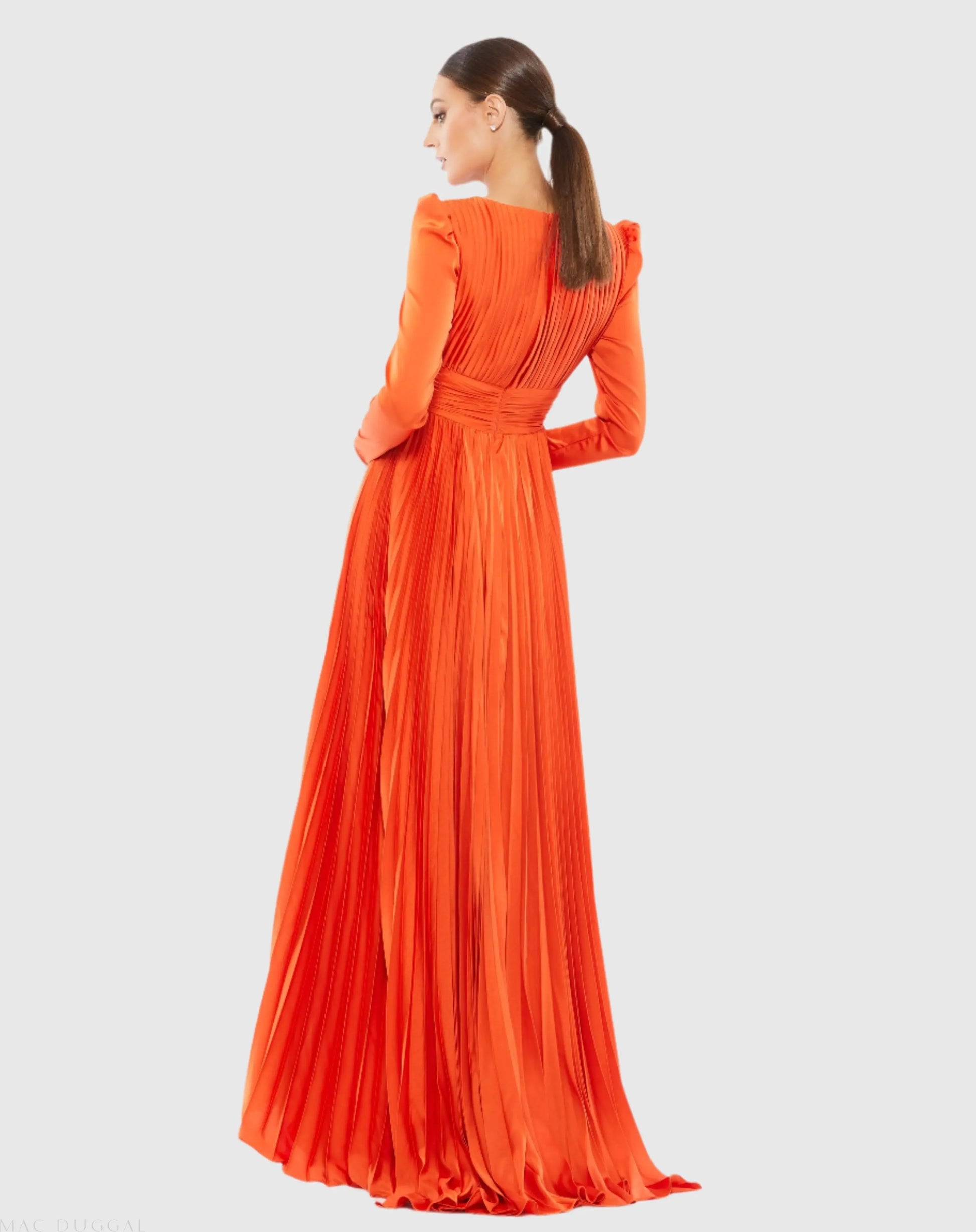 Orange Pleated Long Sleeve V-Neck Gown - Ieena for Mac Duggal