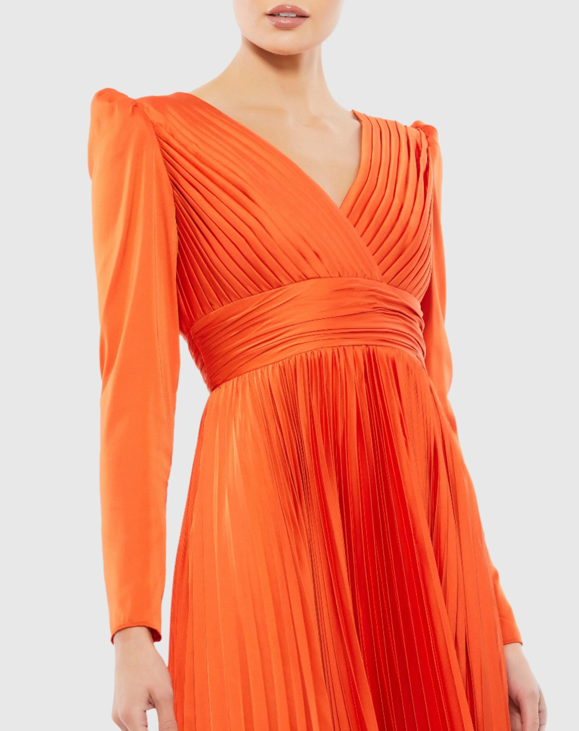 Orange Pleated Long Sleeve V-Neck Gown - Ieena for Mac Duggal