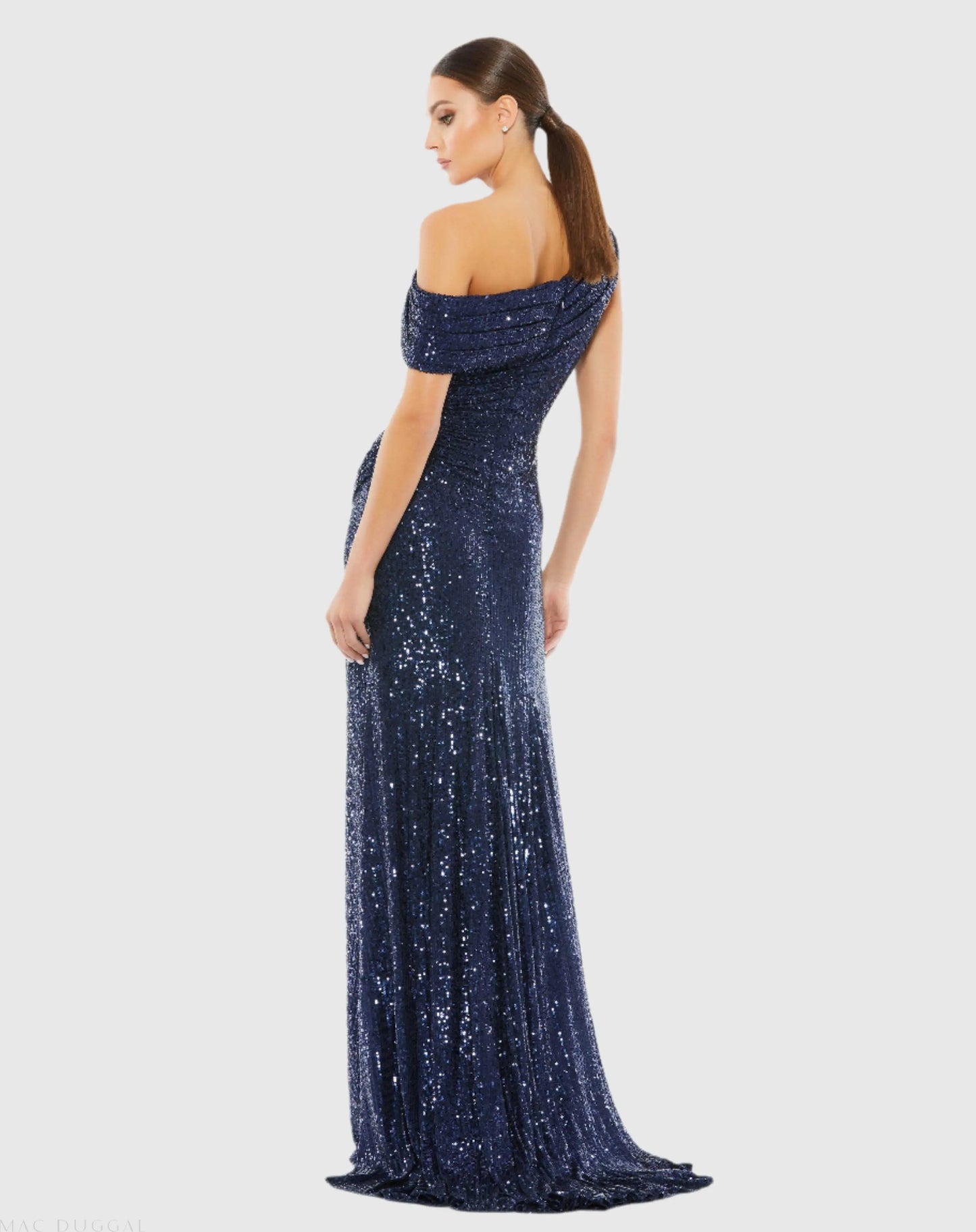 Navy Sequined Drop Shoulder Gown - Ieena for Mac Duggal
