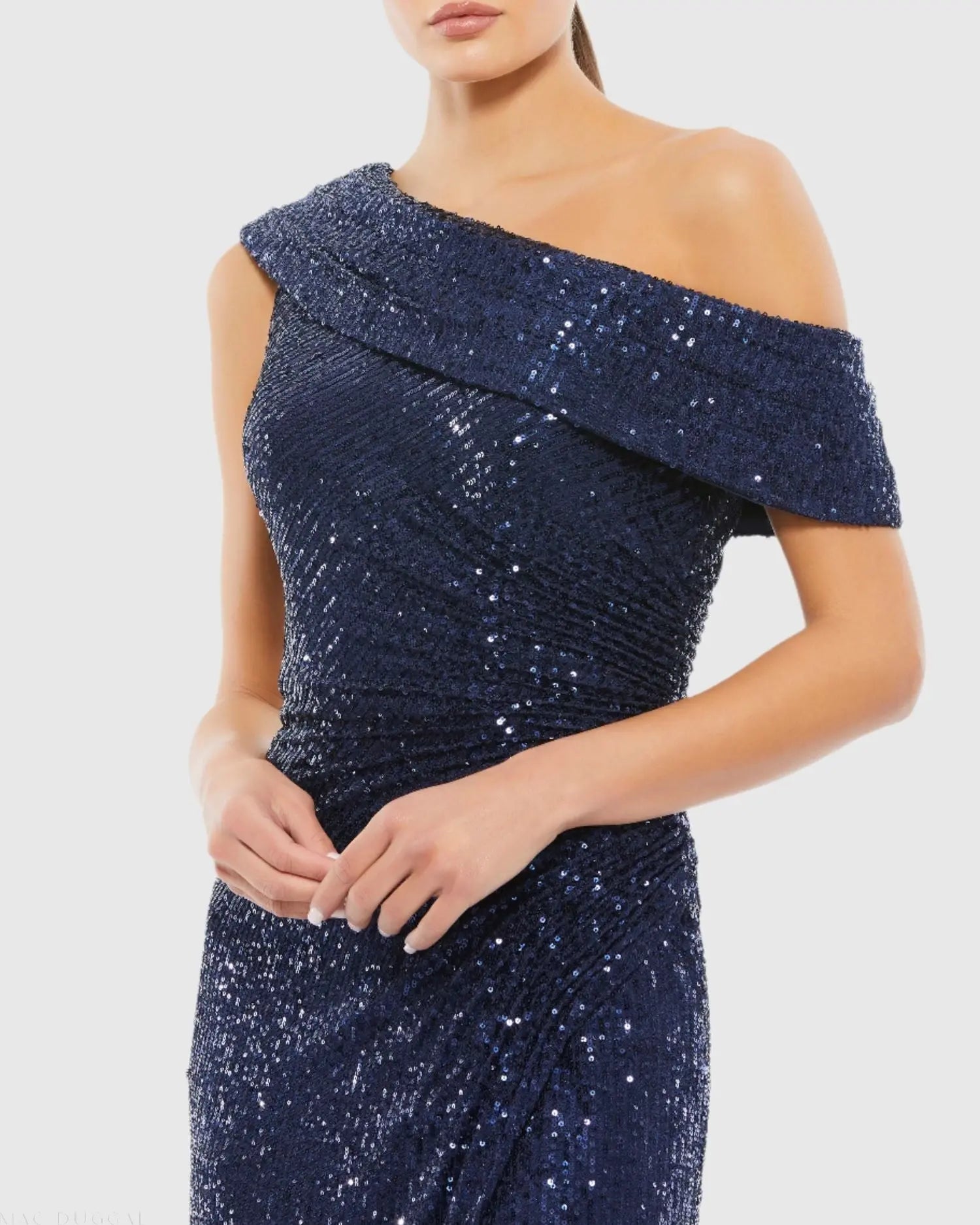 Navy Sequined Drop Shoulder Gown - Ieena for Mac Duggal