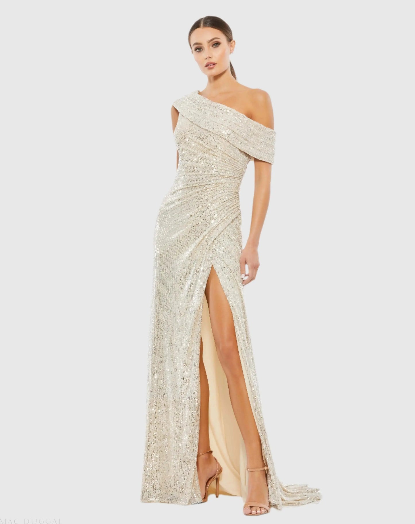 Beige Sequined Drop Shoulder Gown Ieena for Mac Duggal
