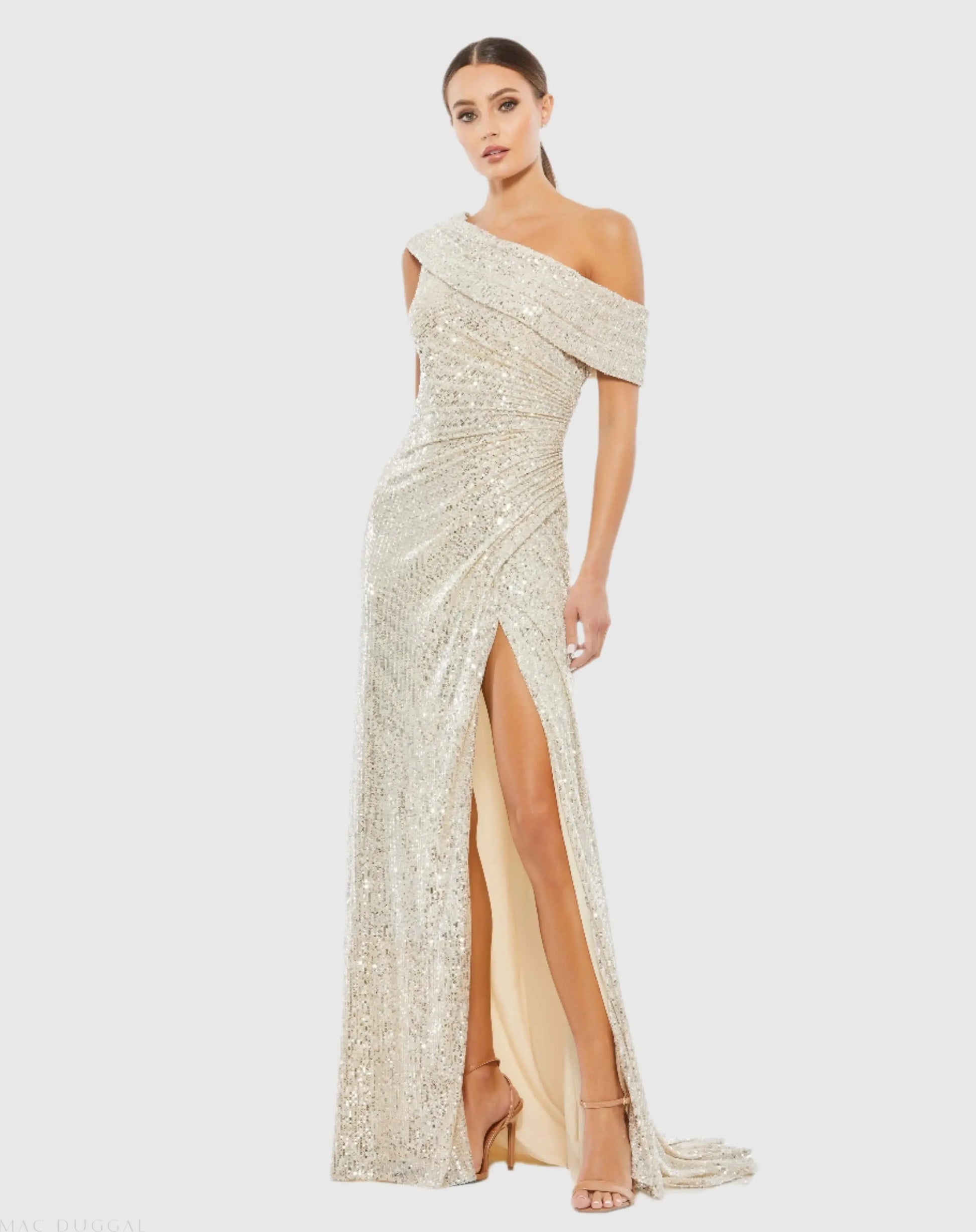 Beige Sequined Drop Shoulder Gown Ieena for Mac Duggal
