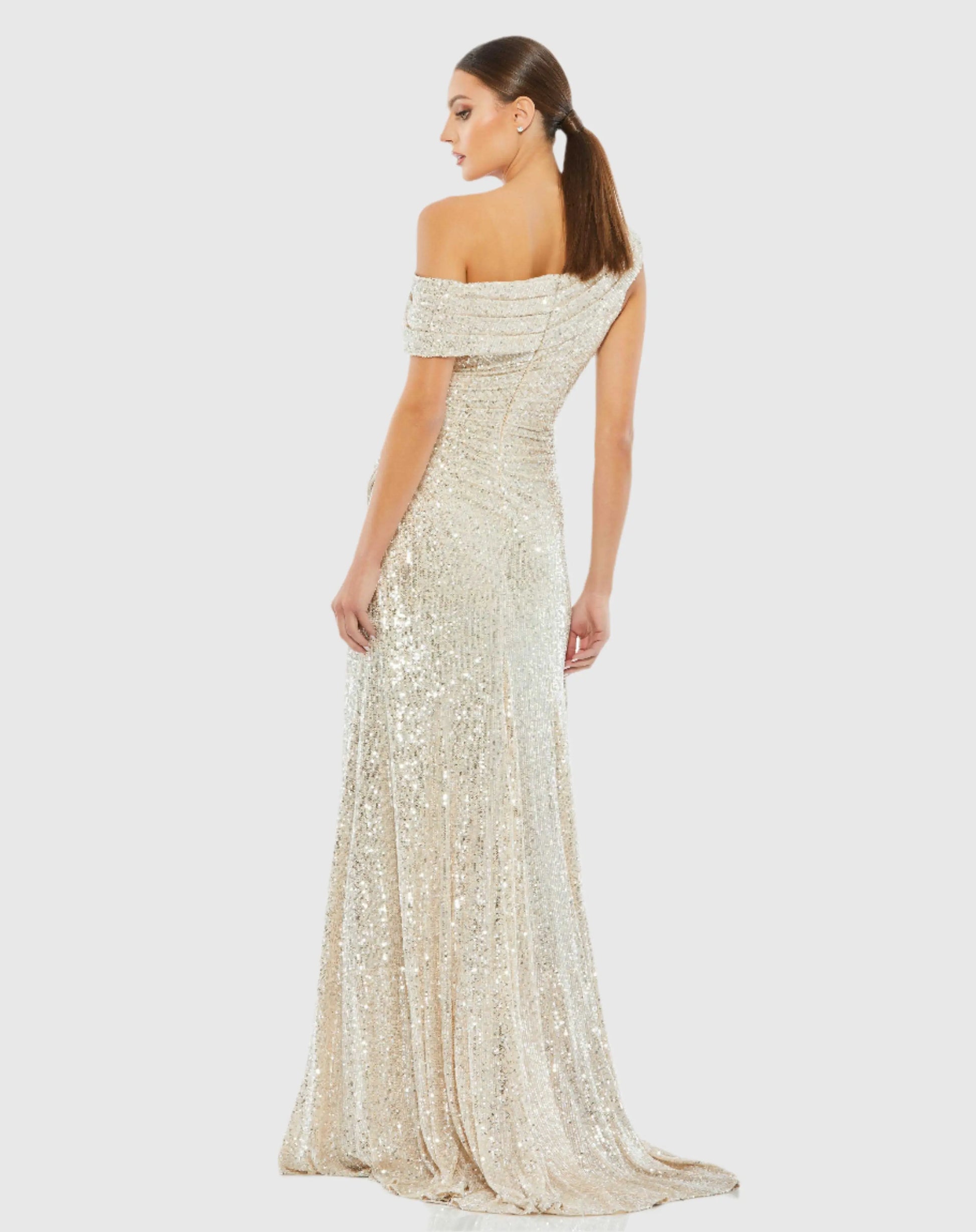 Beige Sequined Drop Shoulder Gown Ieena for Mac Duggal