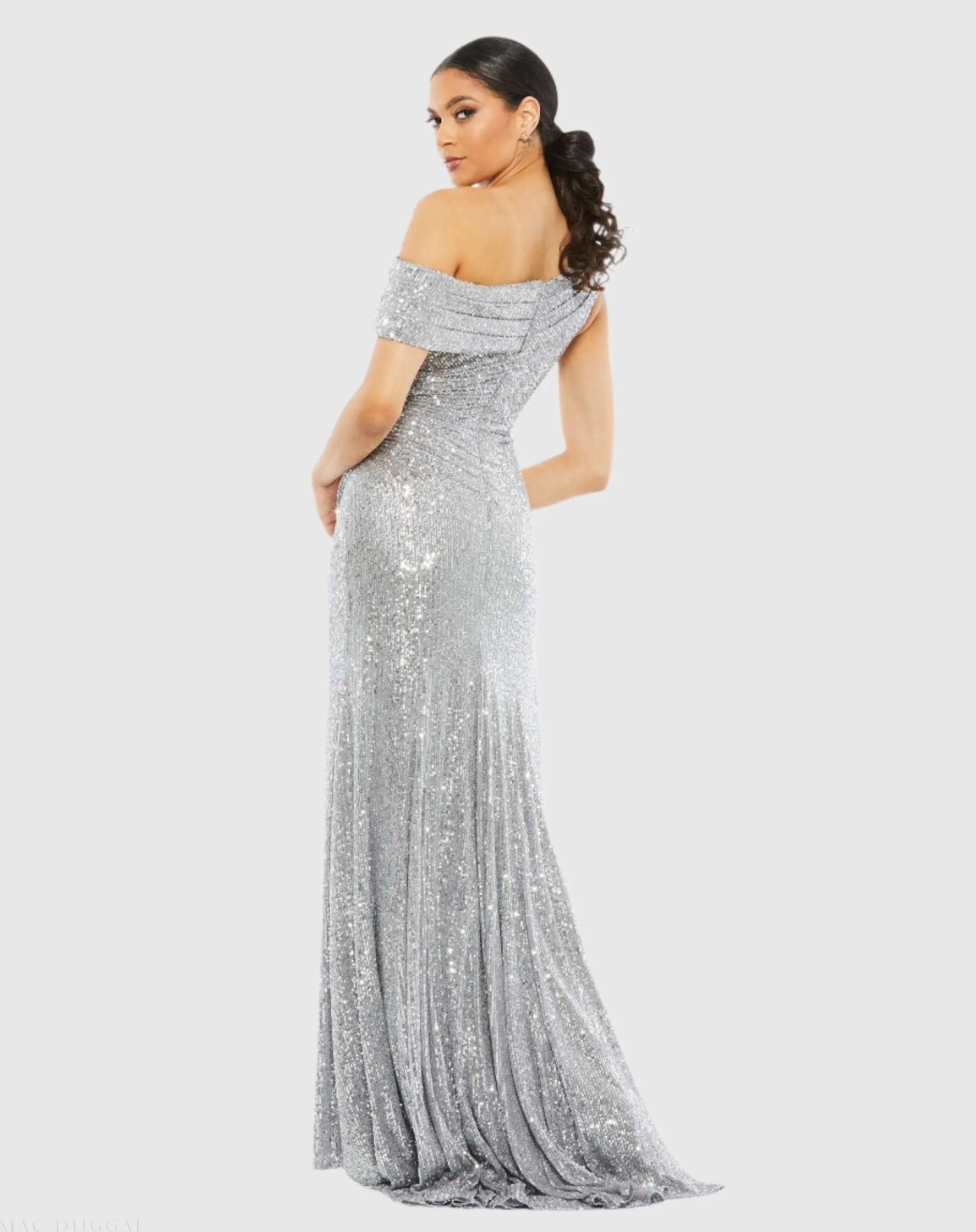 Silver Sequined Drop Shoulder Gown - Mac Duggal