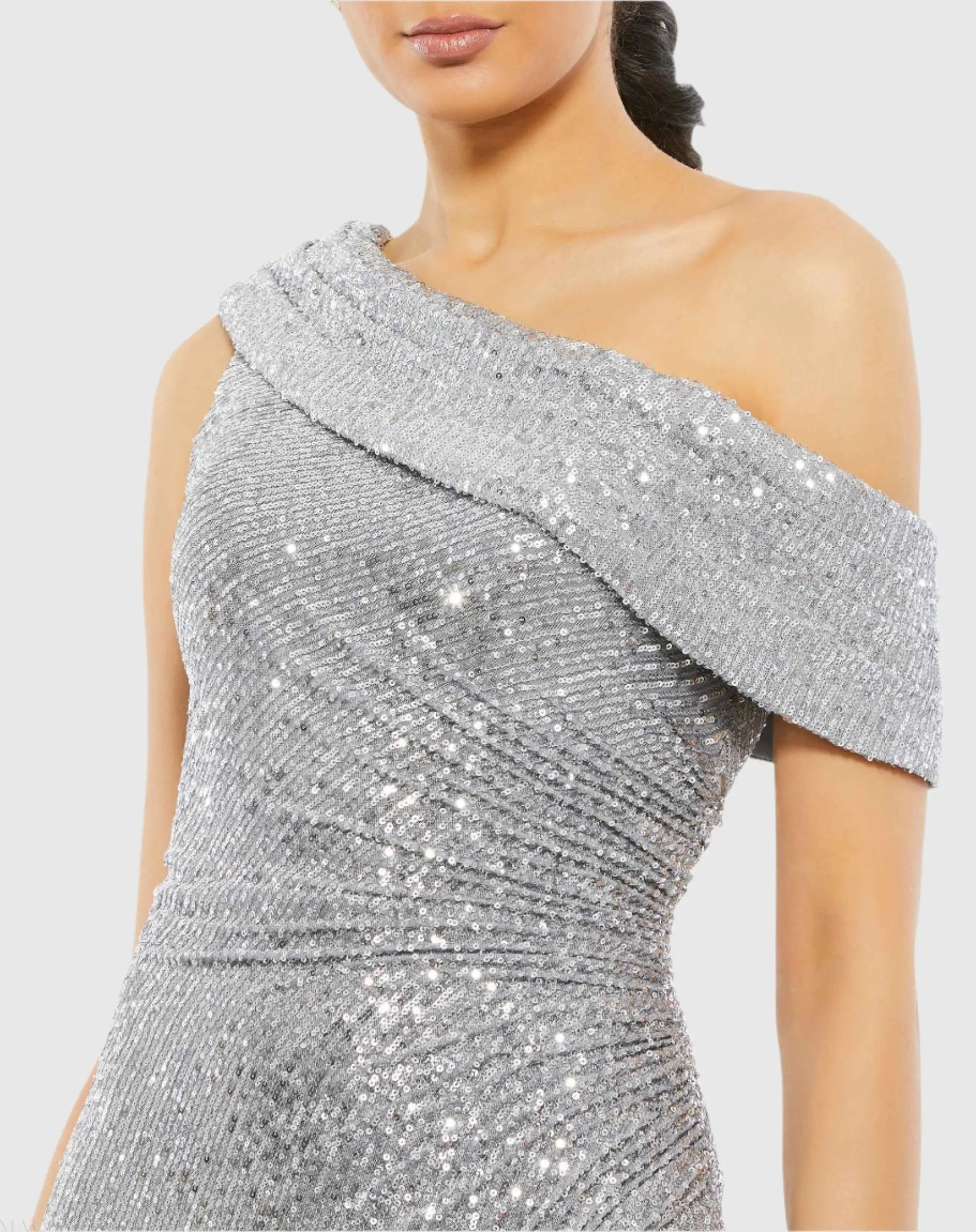 Silver Sequined Drop Shoulder Gown - Mac Duggal