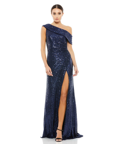One-Shoulder Ruched Sequined Gown – Mac Duggal