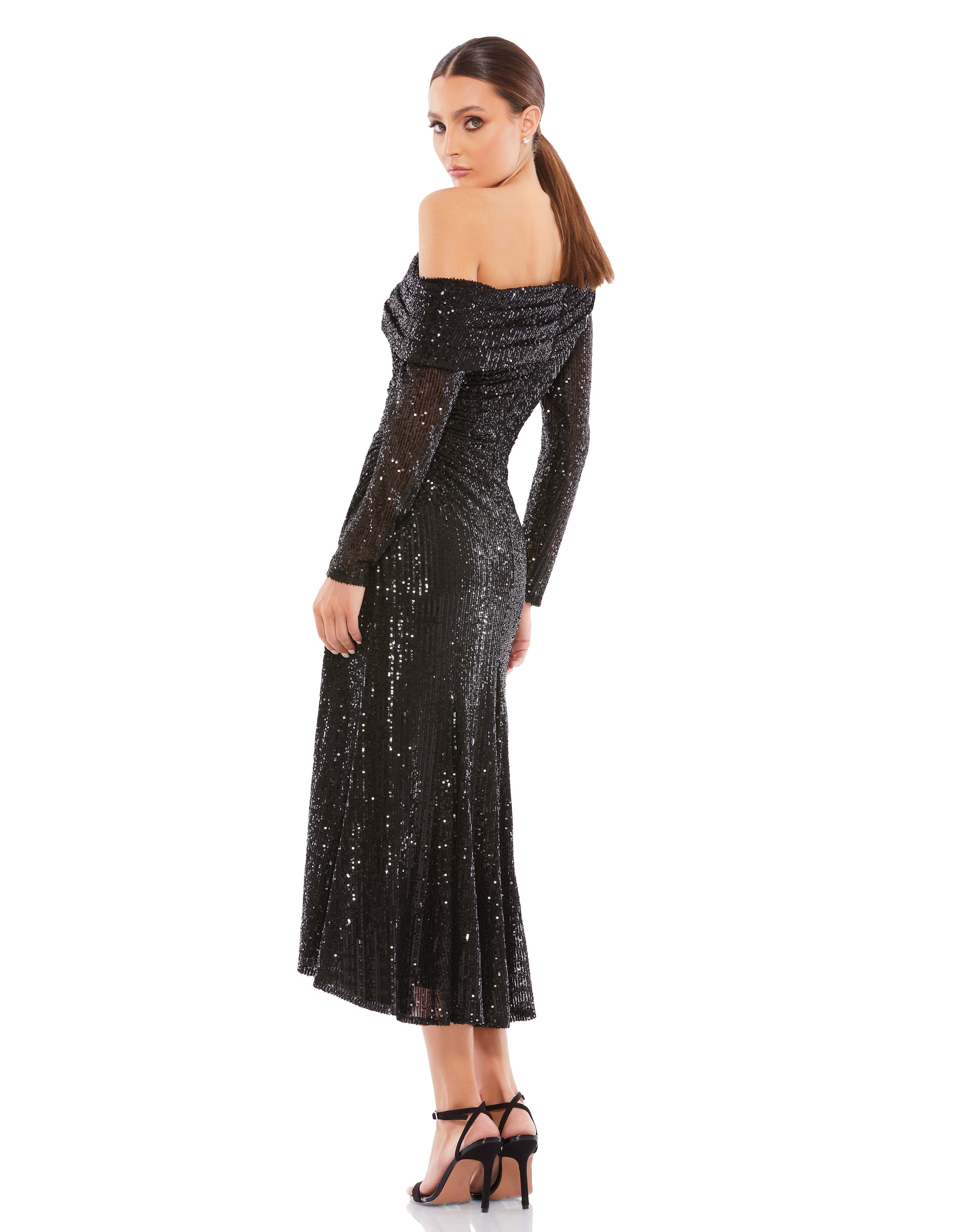 One Shoulder Sequin Long Sleeve Midi Dress