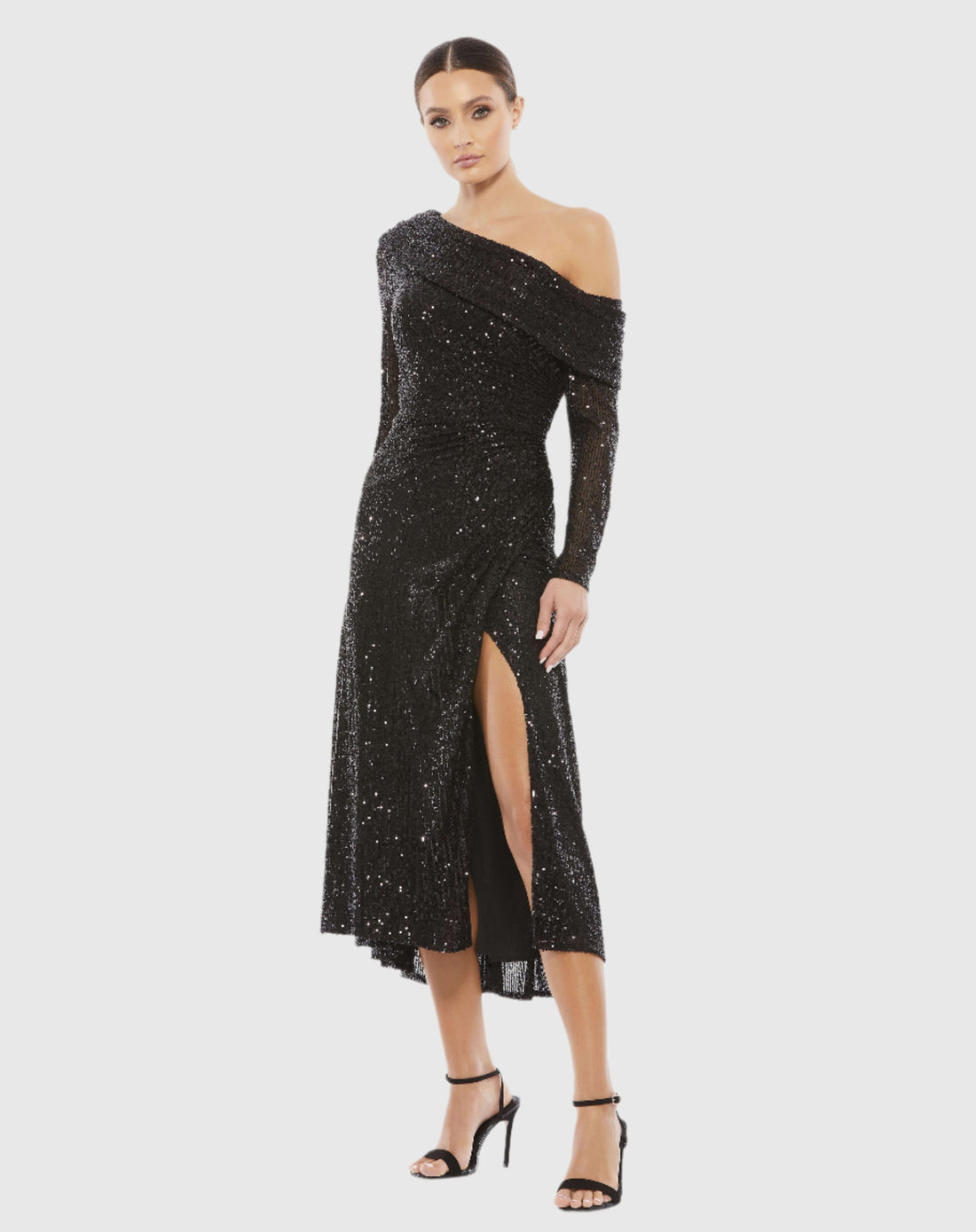 One Shoulder Sequin Long Sleeve Midi Dress