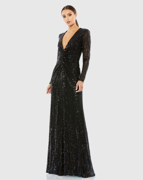 V Neck Long Sleeve Embellished Gown