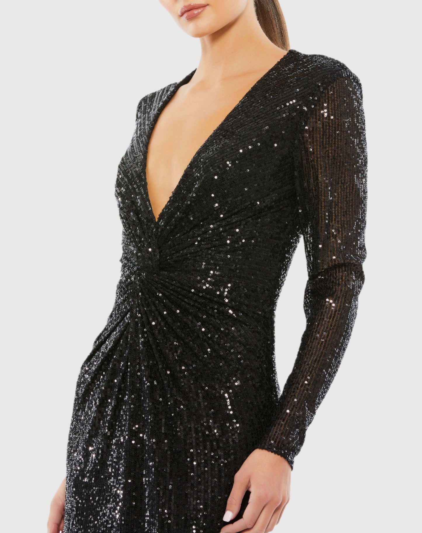 V Neck Long Sleeve Embellished Gown