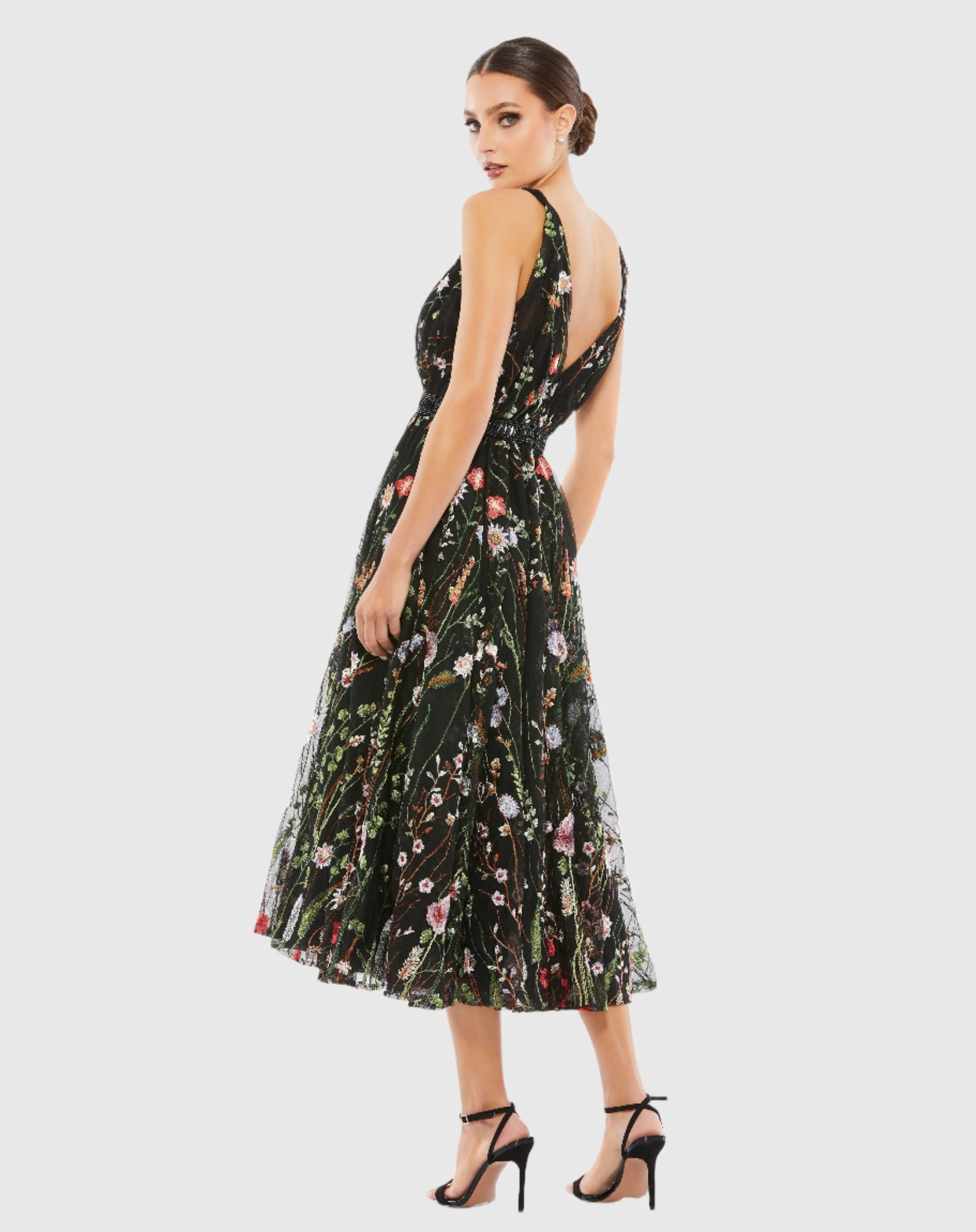 Black Floral Embroidered Midi Dress Ieena for Mac Duggal