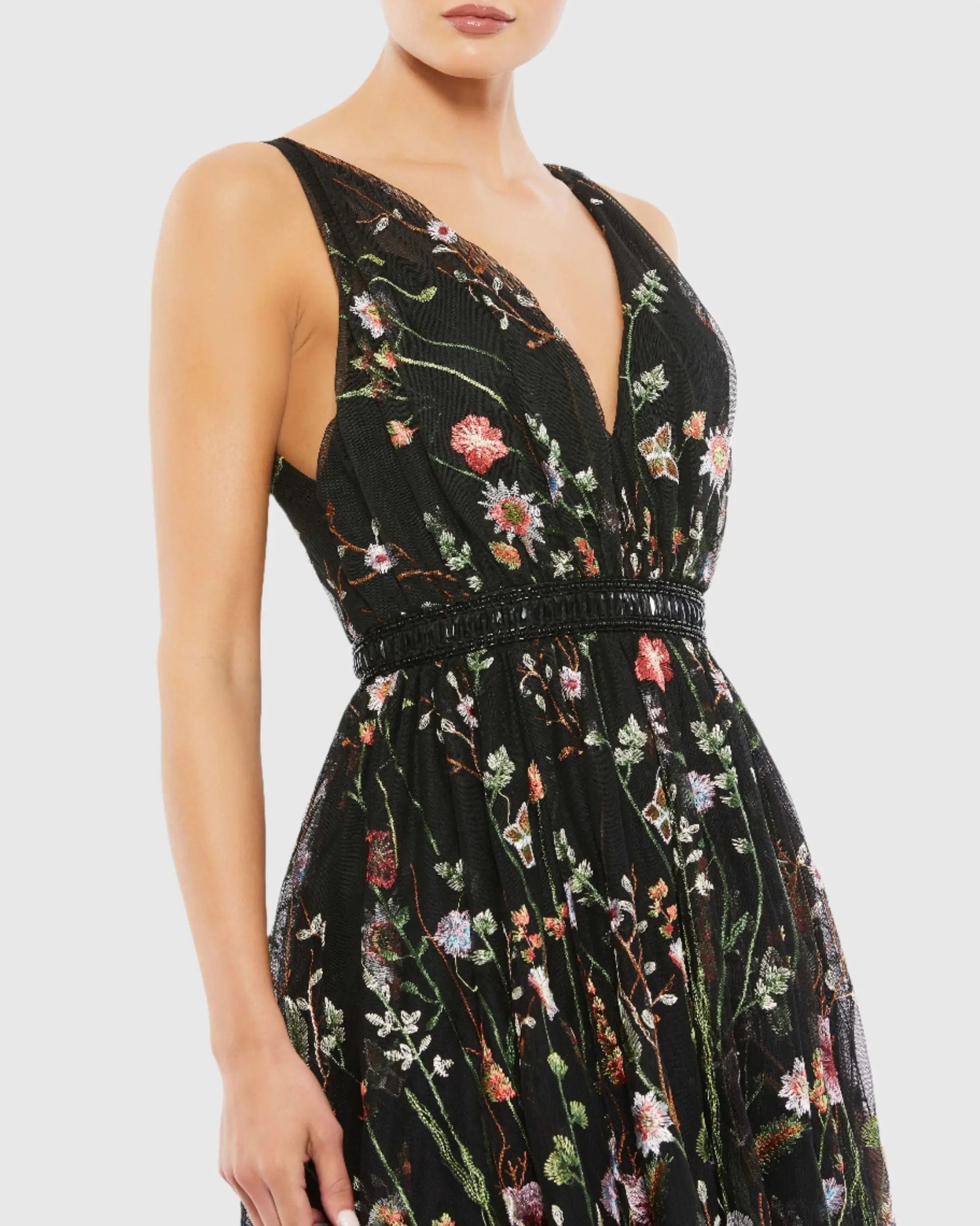 Black Floral Embroidered Midi Dress - Mac Duggal Black Floral Embroidered Midi Dress - Mac Duggal