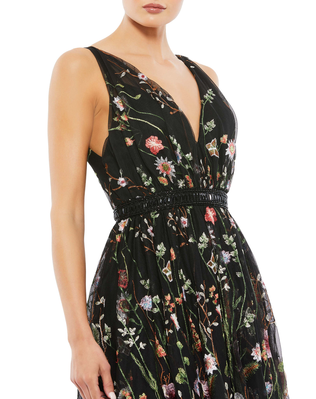 V-Neck Embroidered Floral Midi Dress – Mac Duggal