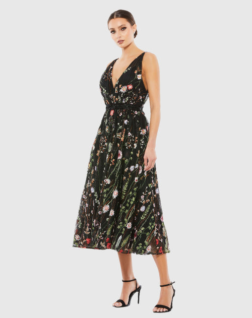 V-Neck Embroidered Floral Midi Dress