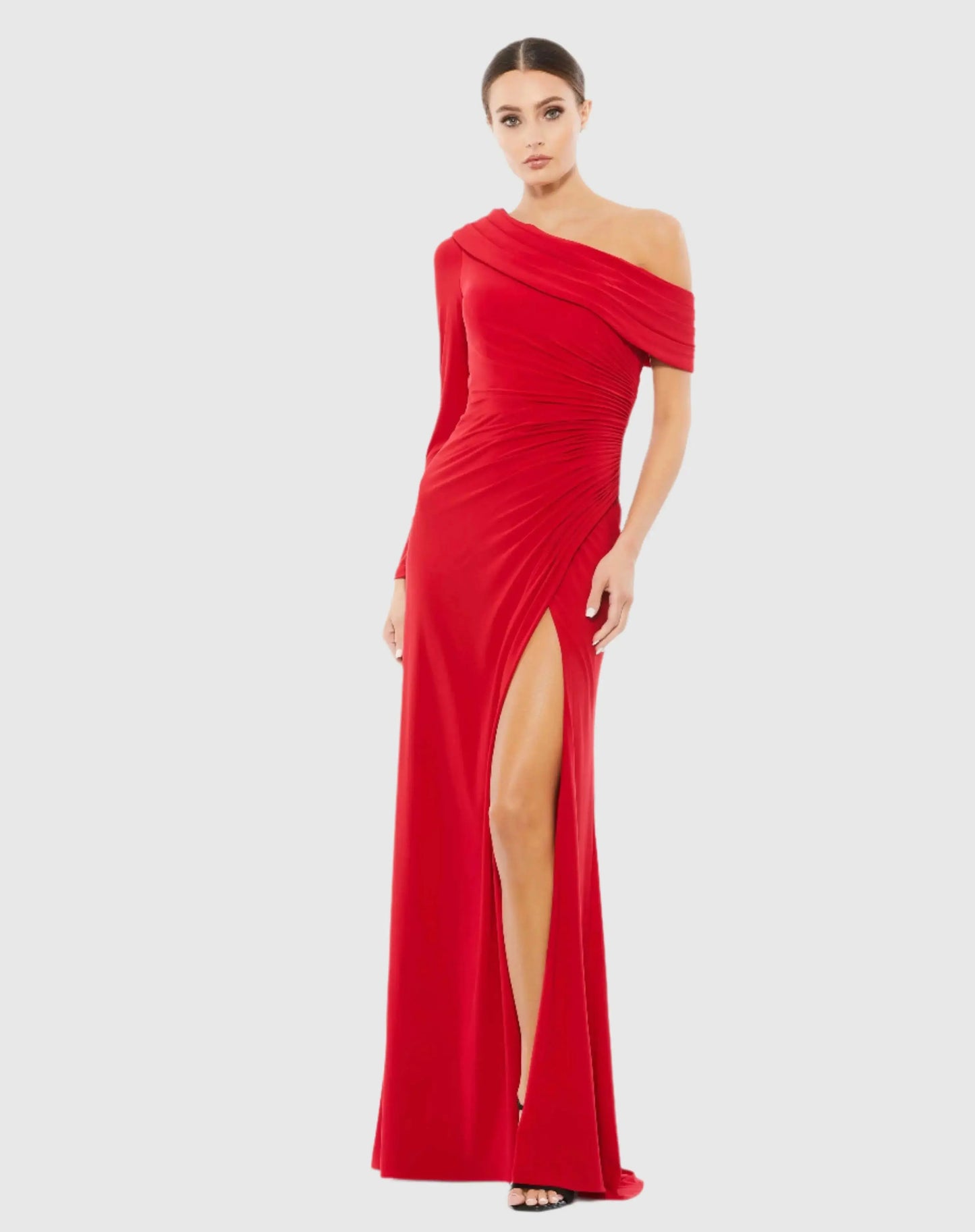 Red Ruched Jersey Drop Shoulder Foldover Gown - Ieena for Mac Duggal