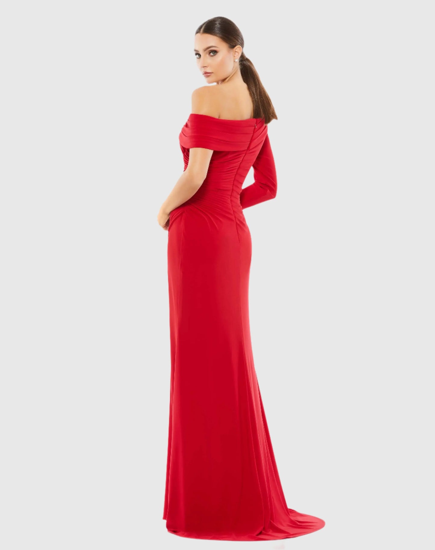 Red Ruched Jersey Drop Shoulder Foldover Gown - Ieena for Mac Duggal