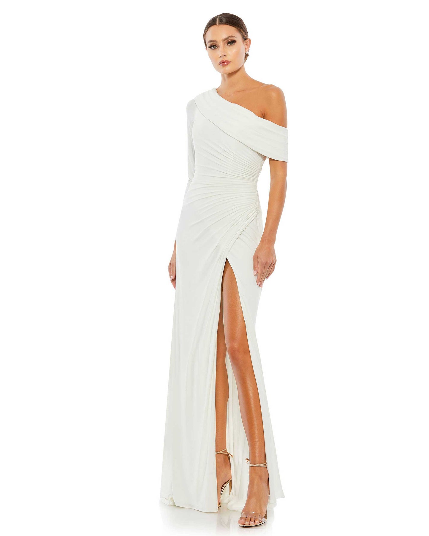 Ruched Jersey Drop Shoulder Foldover Gown