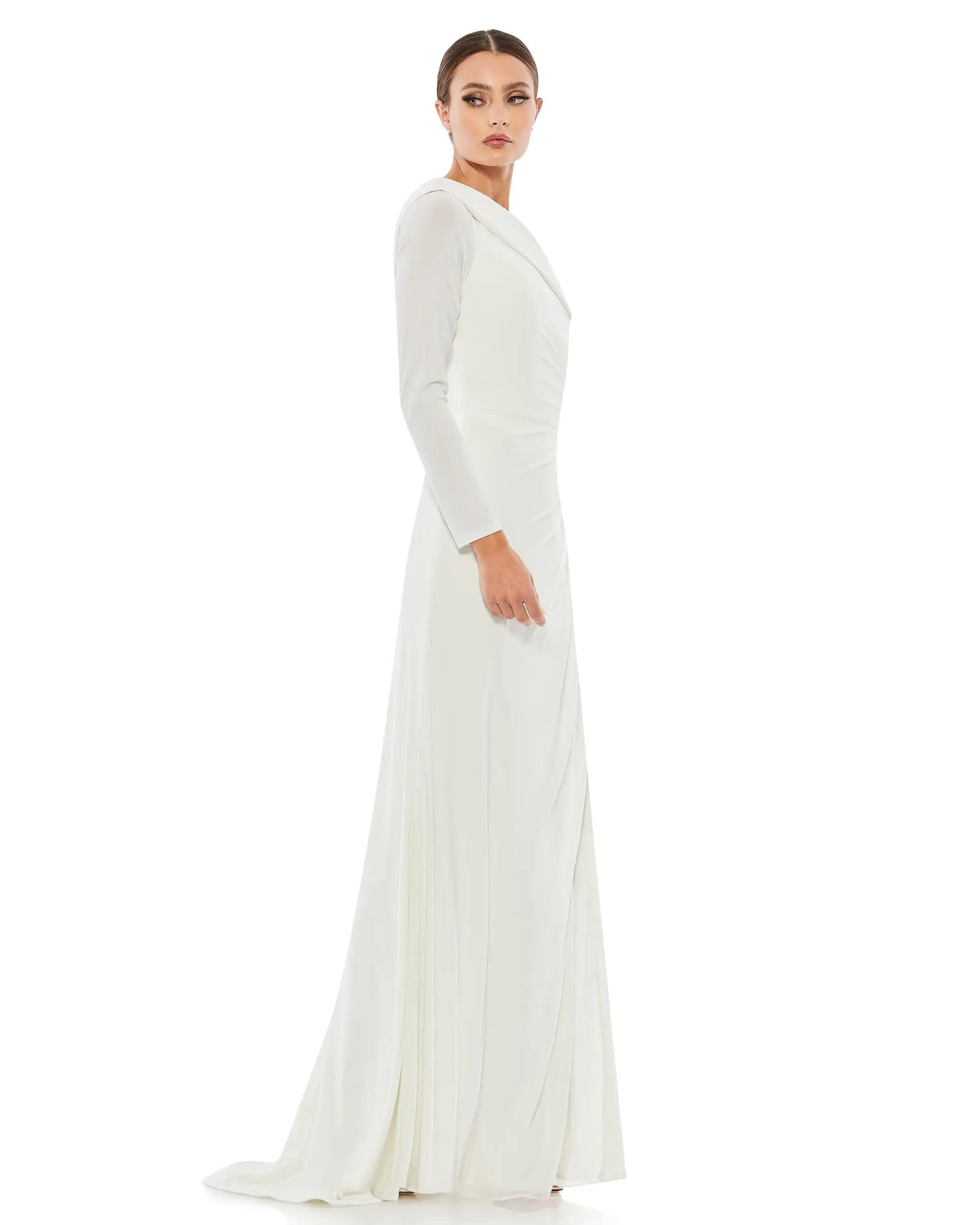 White Ruched Jersey Drop Shoulder Foldover Gown - Mac Duggal