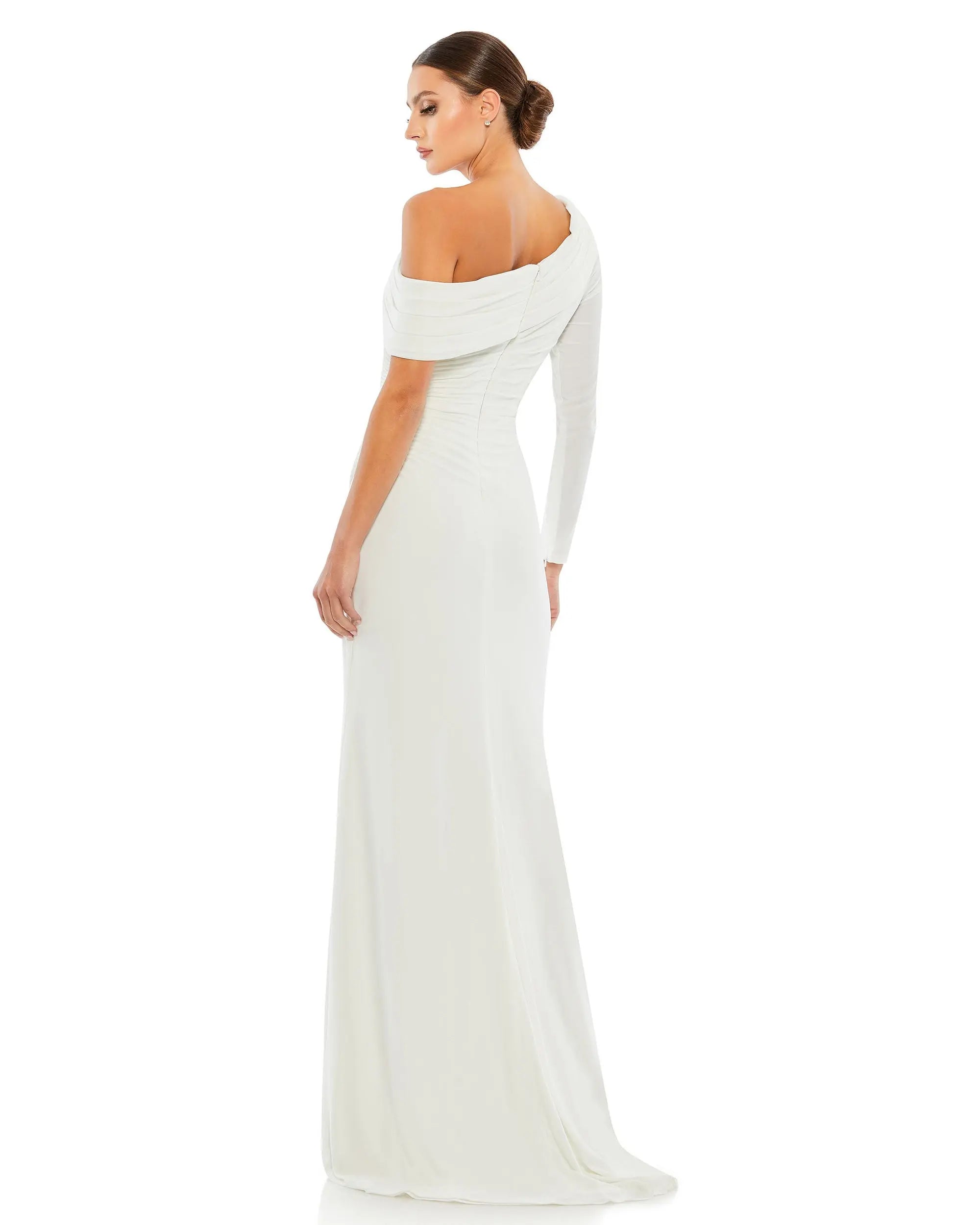 White Ruched Jersey Drop Shoulder Foldover Gown - Mac Duggal