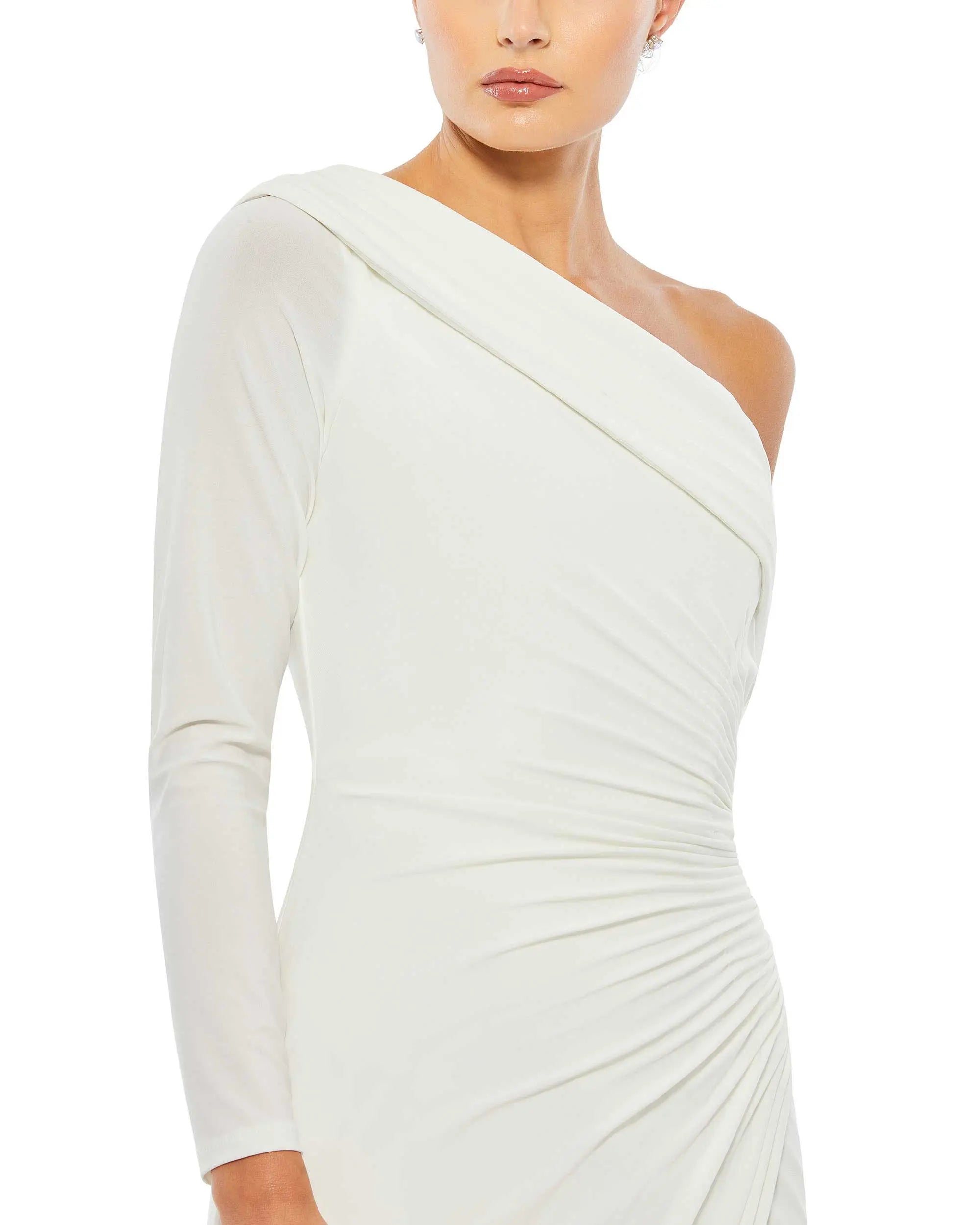 White Ruched Jersey Drop Shoulder Foldover Gown - Mac Duggal