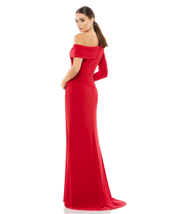 Ruched Jersey Drop Shoulder Foldover Gown – Mac Duggal
