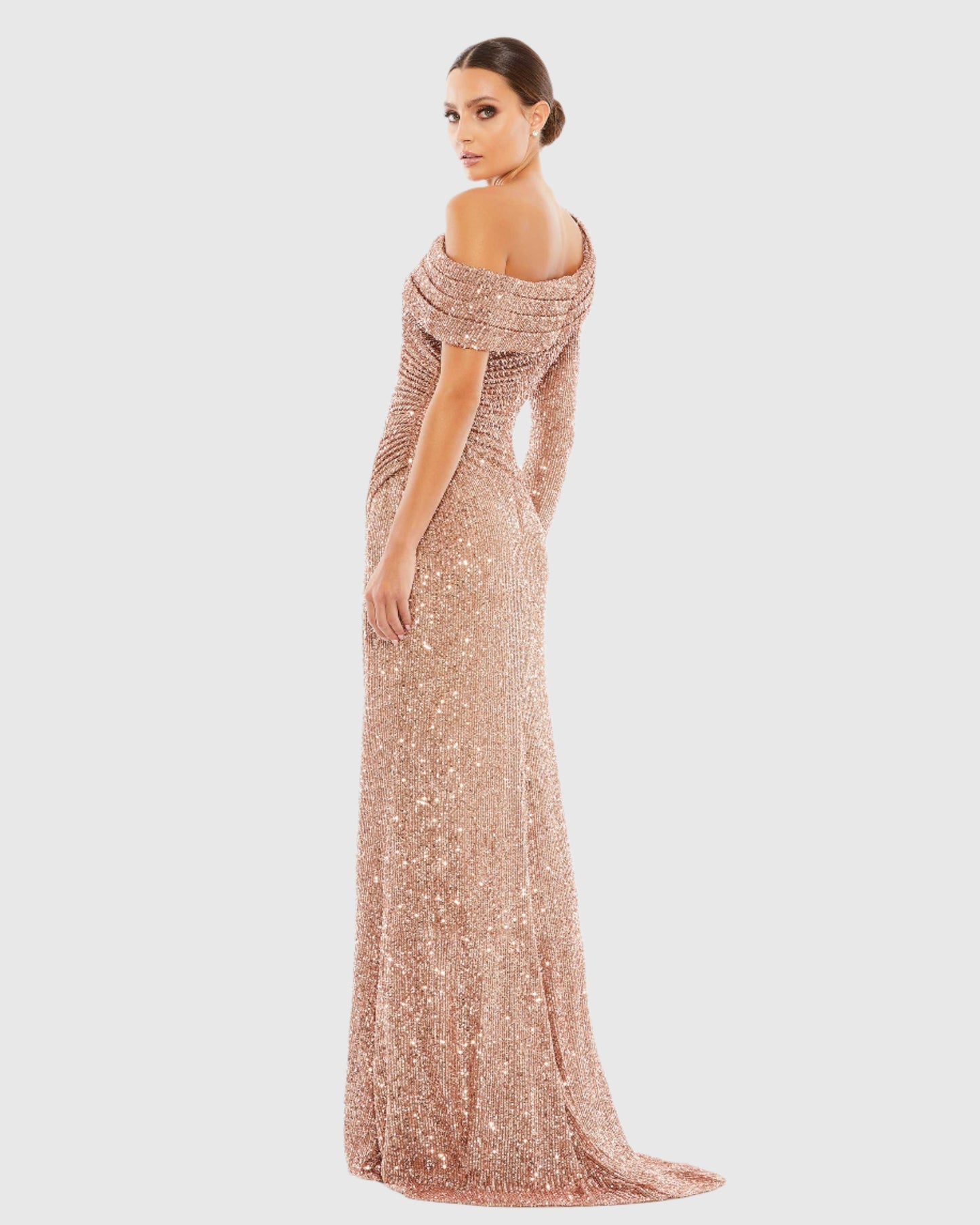 Sequined Drop Shoulder Faux Wrap Gown