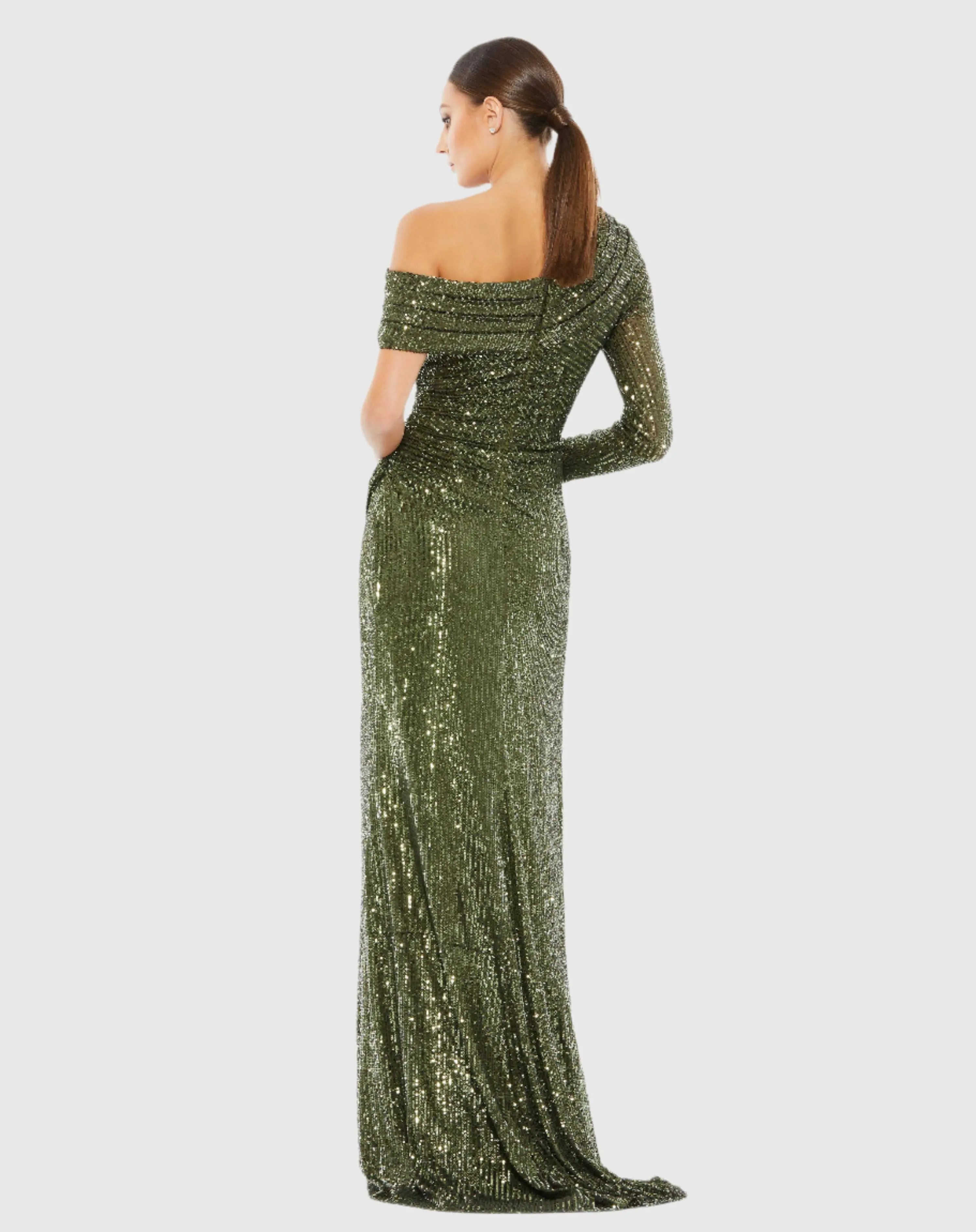 Green Sequined Drop Shoulder Faux Wrap Gown - Mac Duggal