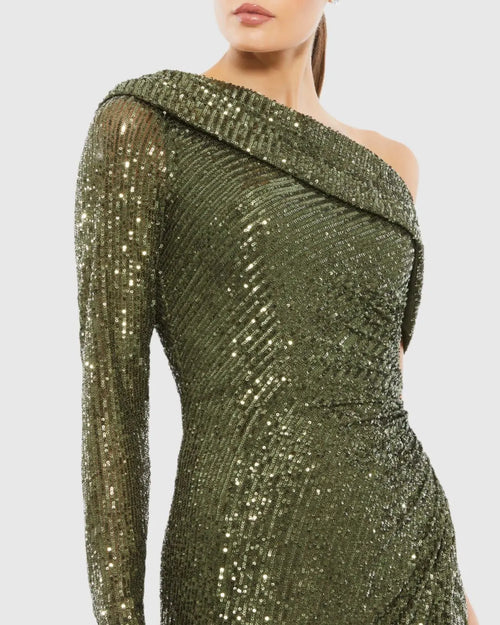 Green Sequined Drop Shoulder Faux Wrap Gown - Mac Duggal