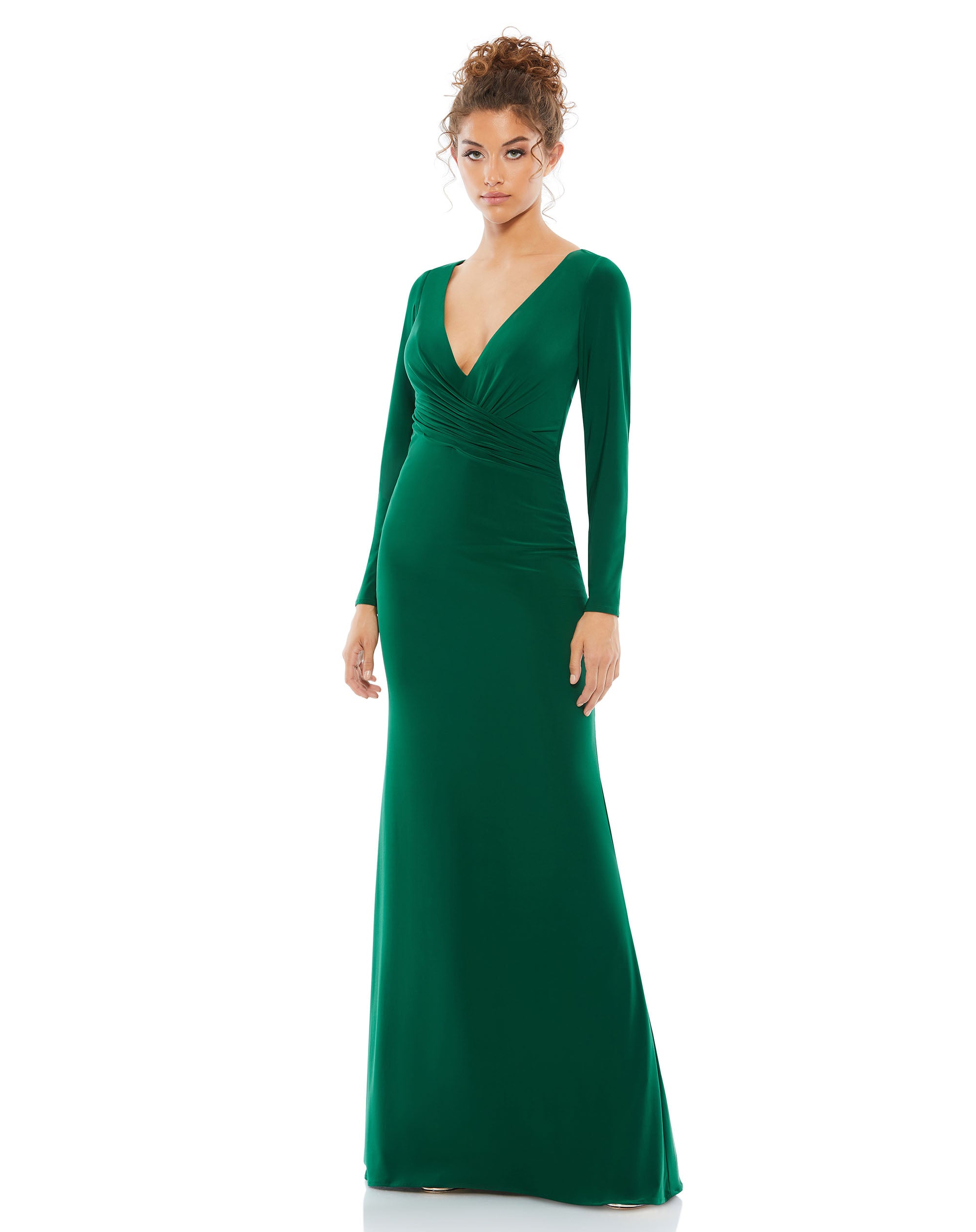 Long Sleeve Ruched Jersey V-Neck Gown