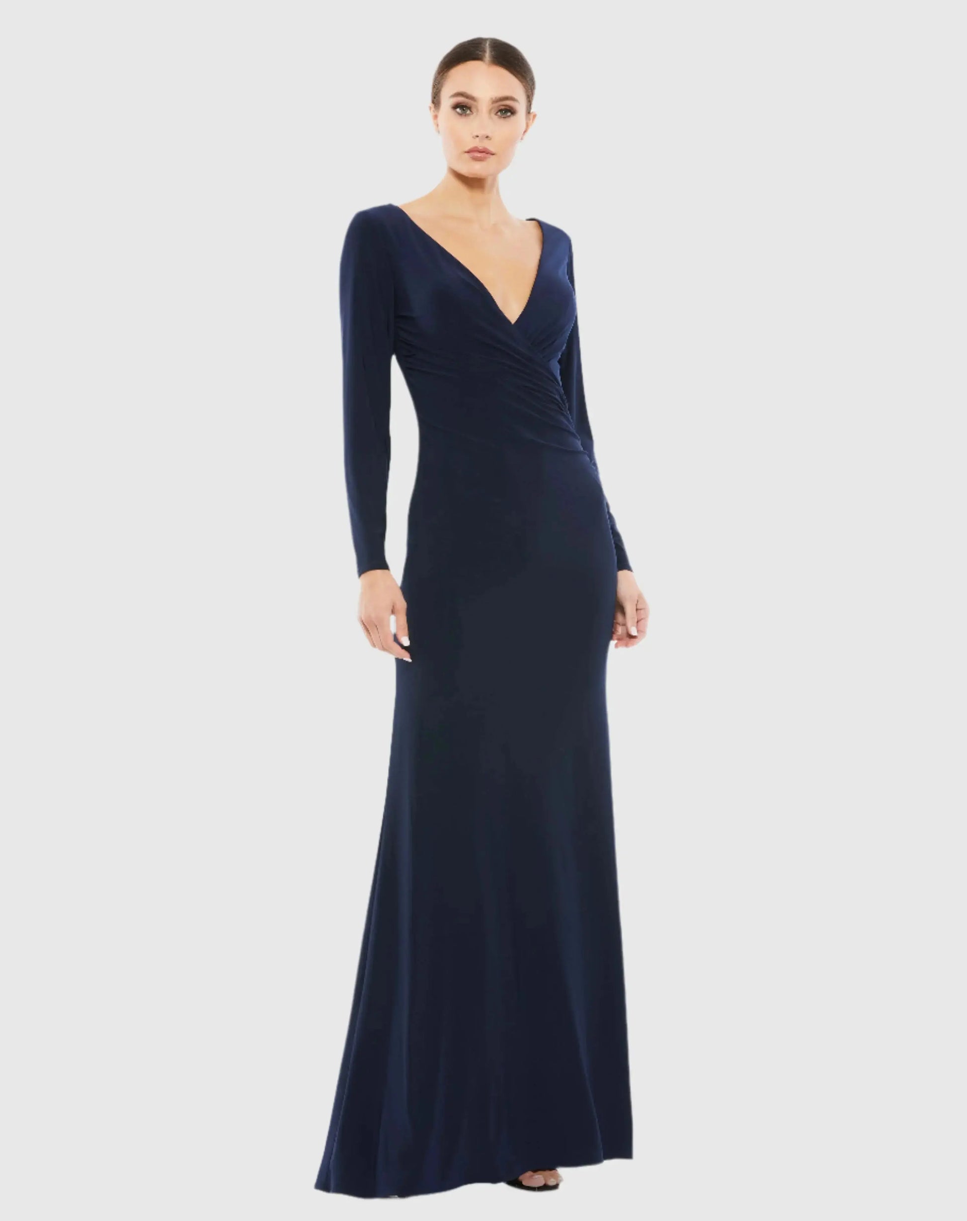 Navy Long Sleeve Ruched Jersey V-Neck Gown - Ieena for Mac Duggal