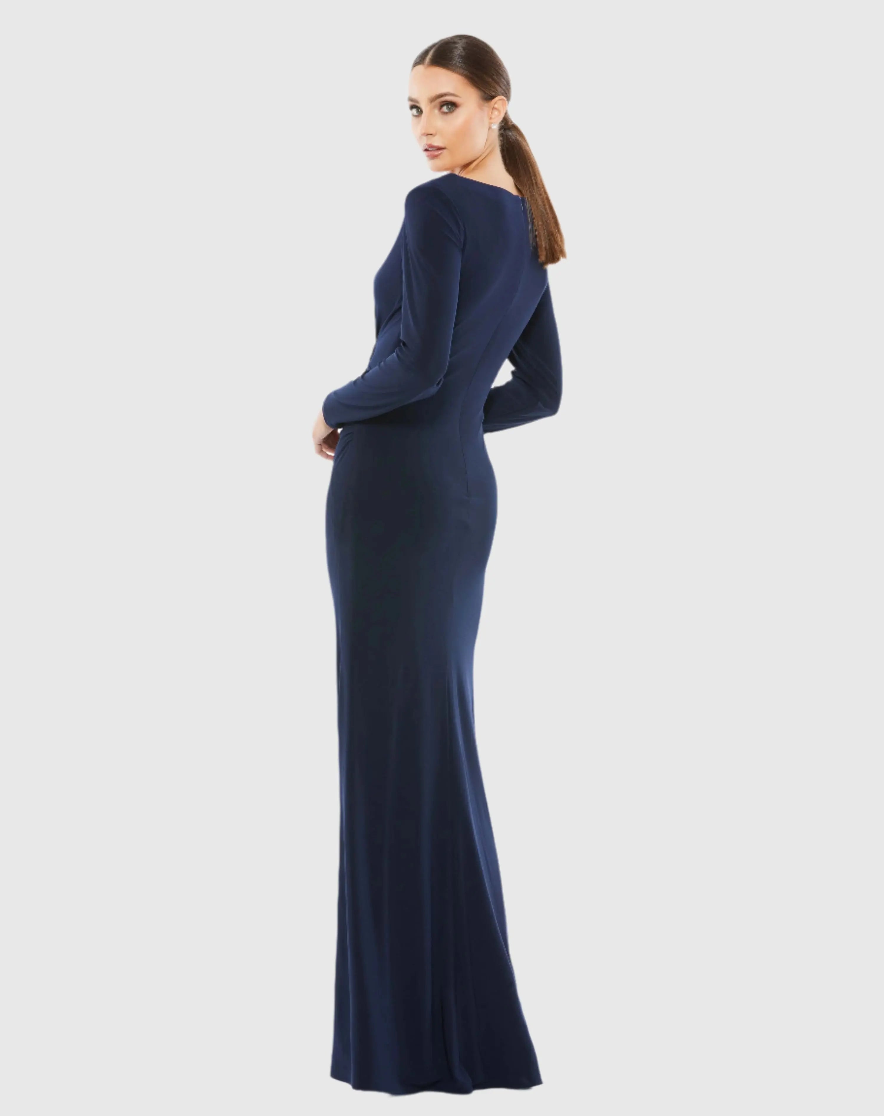 Navy Long Sleeve Ruched Jersey V-Neck Gown - Ieena for Mac Duggal