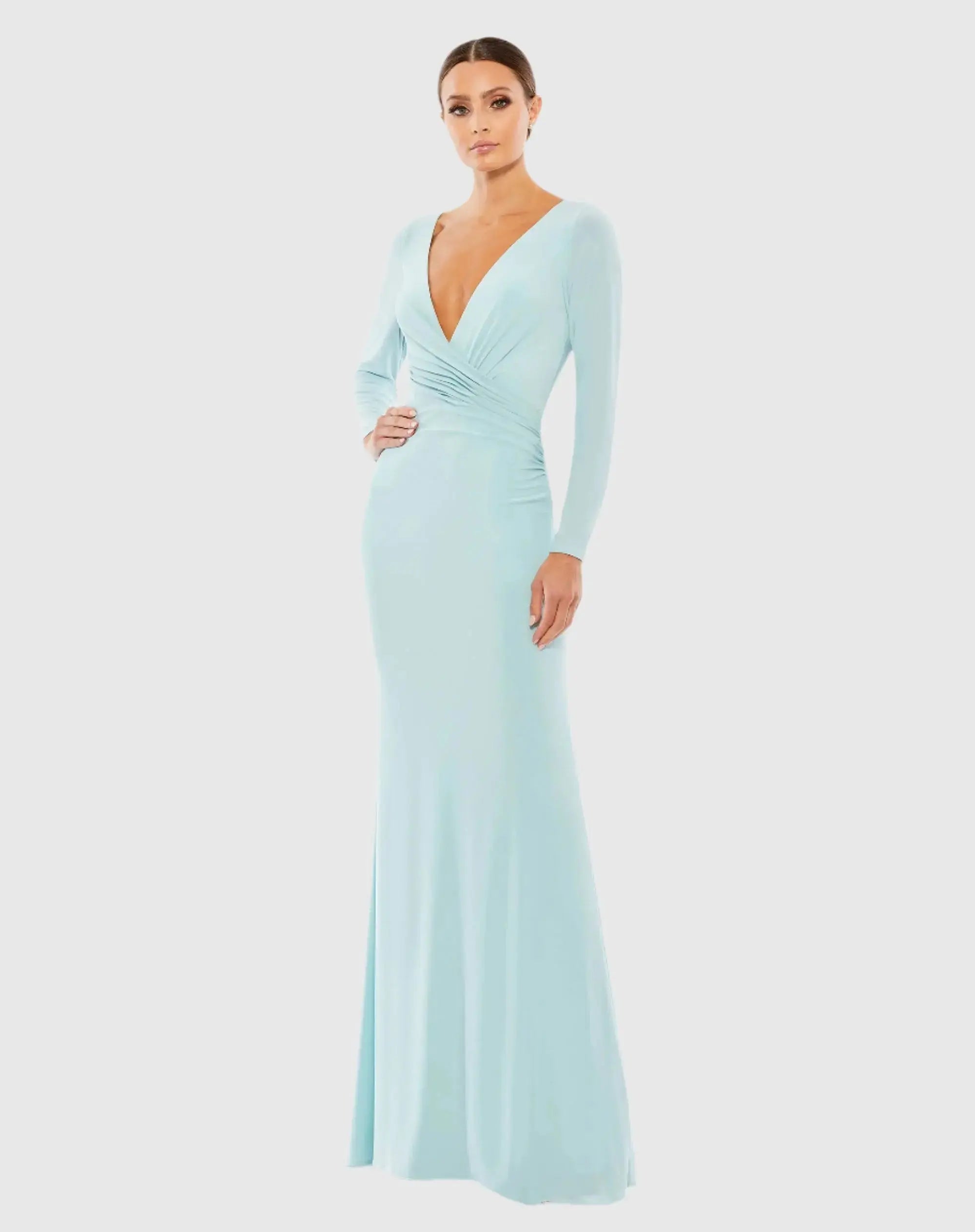 Blue Long Sleeve Ruched Jersey V-Neck Gown - Ieena for Mac Duggal