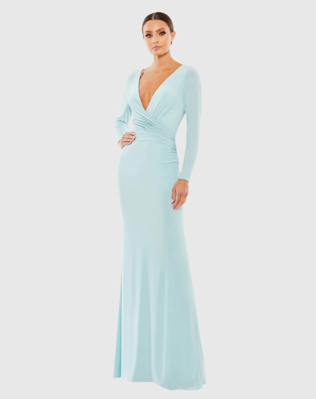 Long Sleeve Ruched Jersey V-Neck Gown