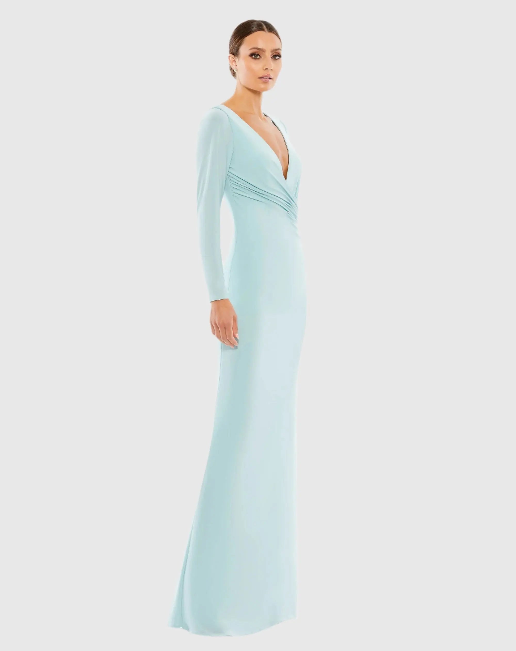 Blue Long Sleeve Ruched Jersey V-Neck Gown - Ieena for Mac Duggal
