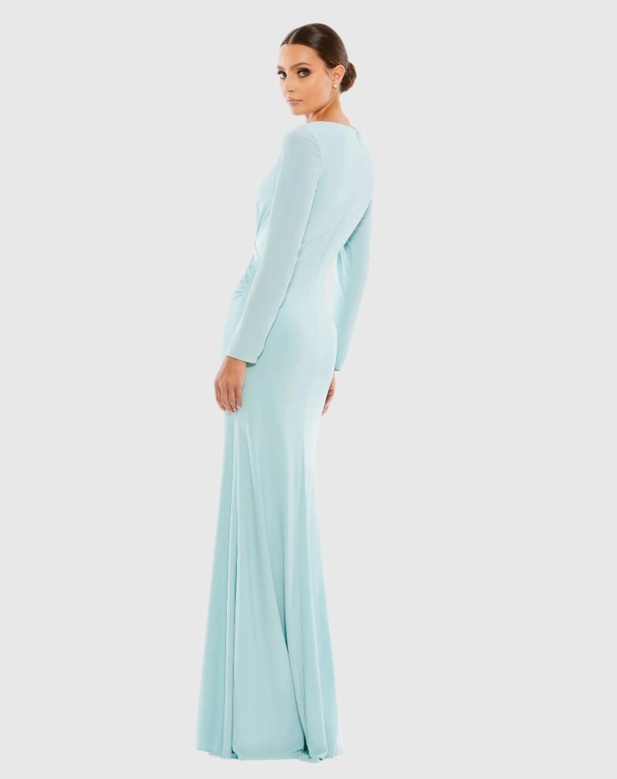 Blue Long Sleeve Ruched Jersey V-Neck Gown - Ieena for Mac Duggal