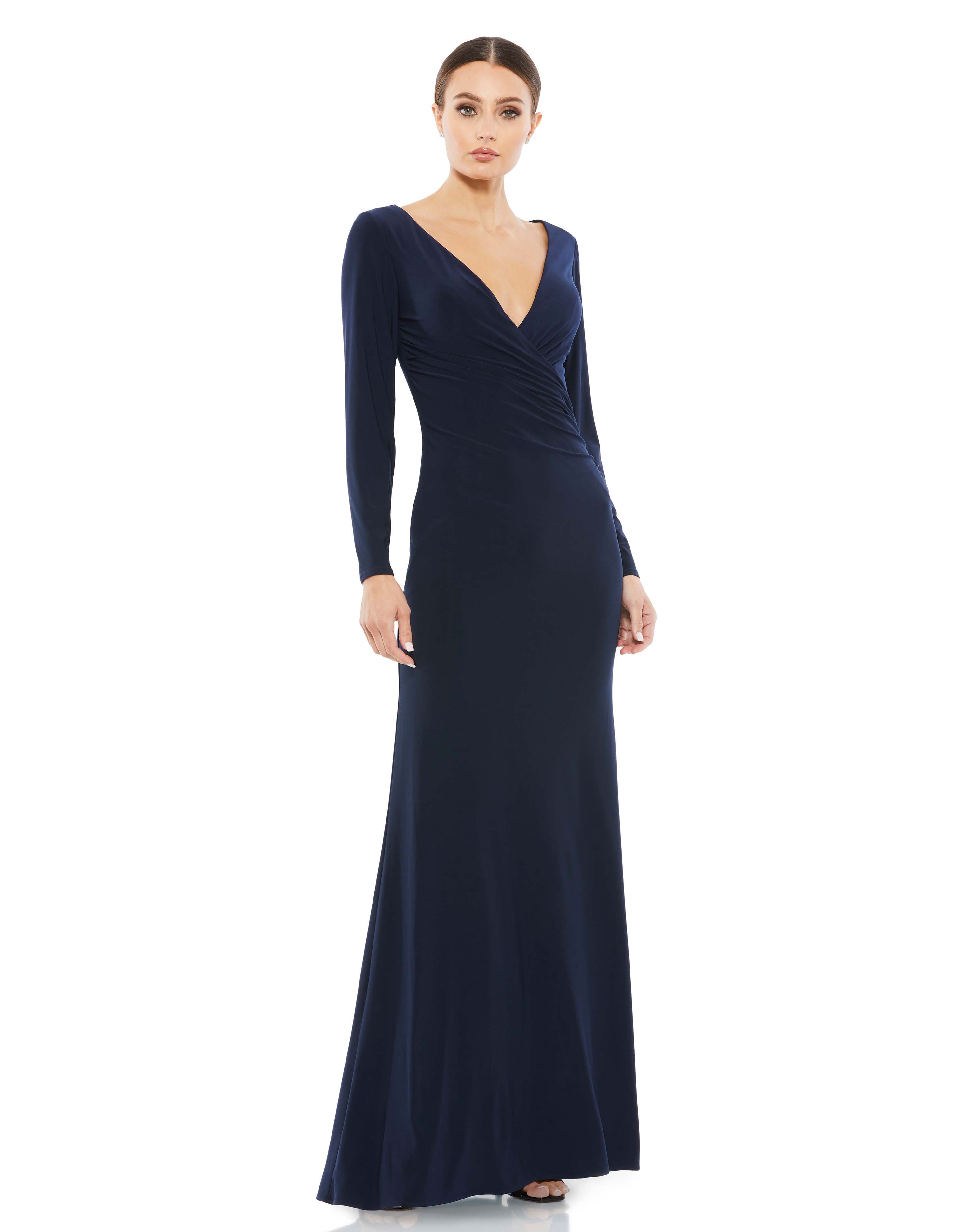 Long Sleeve Ruched Jersey V-Neck Gown