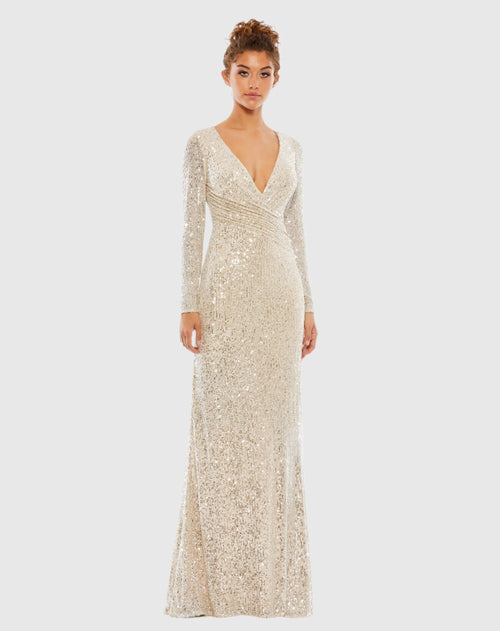 Sequined Faux Wrap Long Sleeve Column Gown