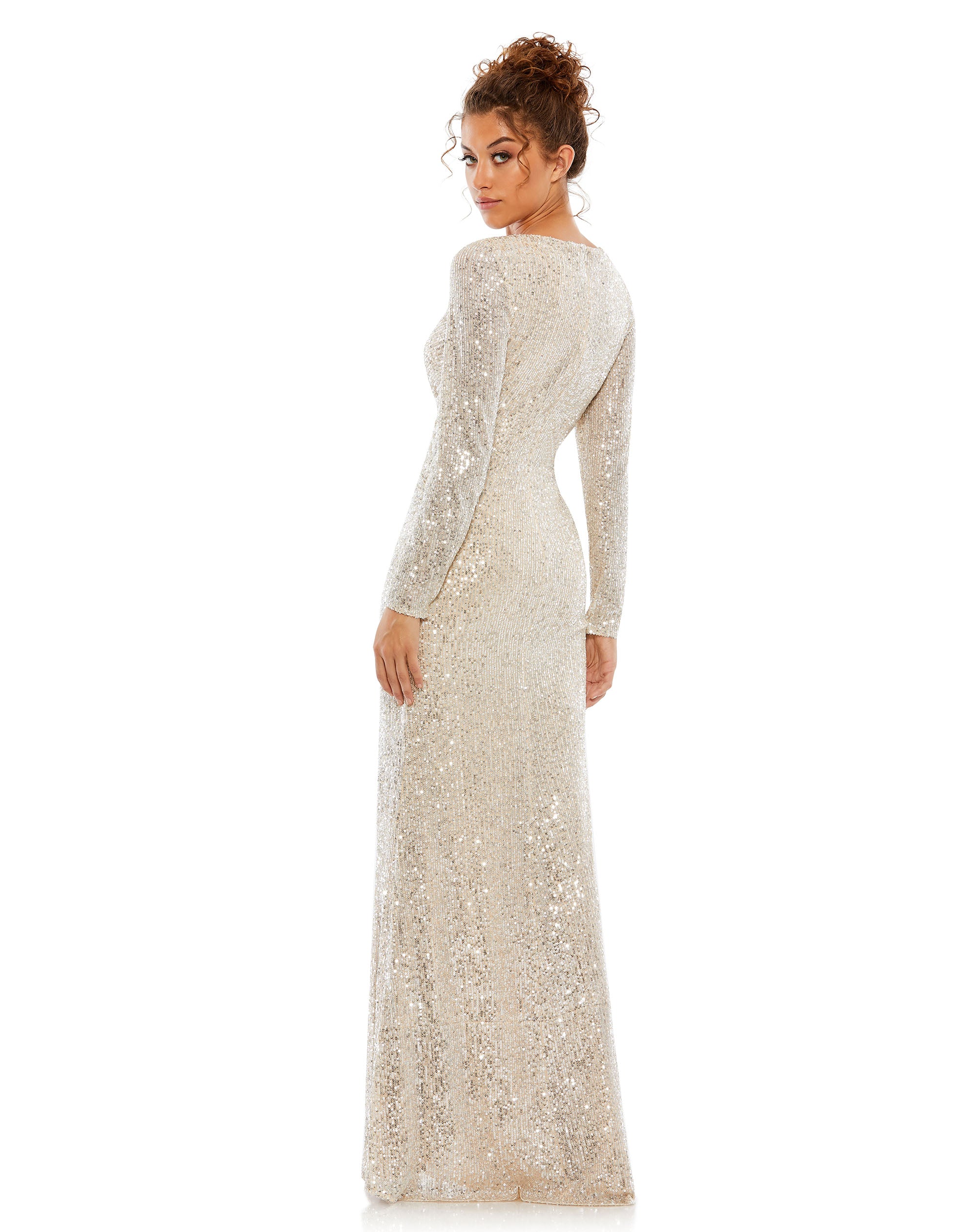 Sequined Faux Wrap Long Sleeve Column Gown