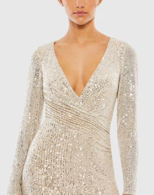 Sequined Faux Wrap Long Sleeve Column Gown