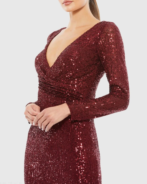 Red Sequined Faux Wrap Long Sleeve Column Gown - Ieena for Mac Duggal