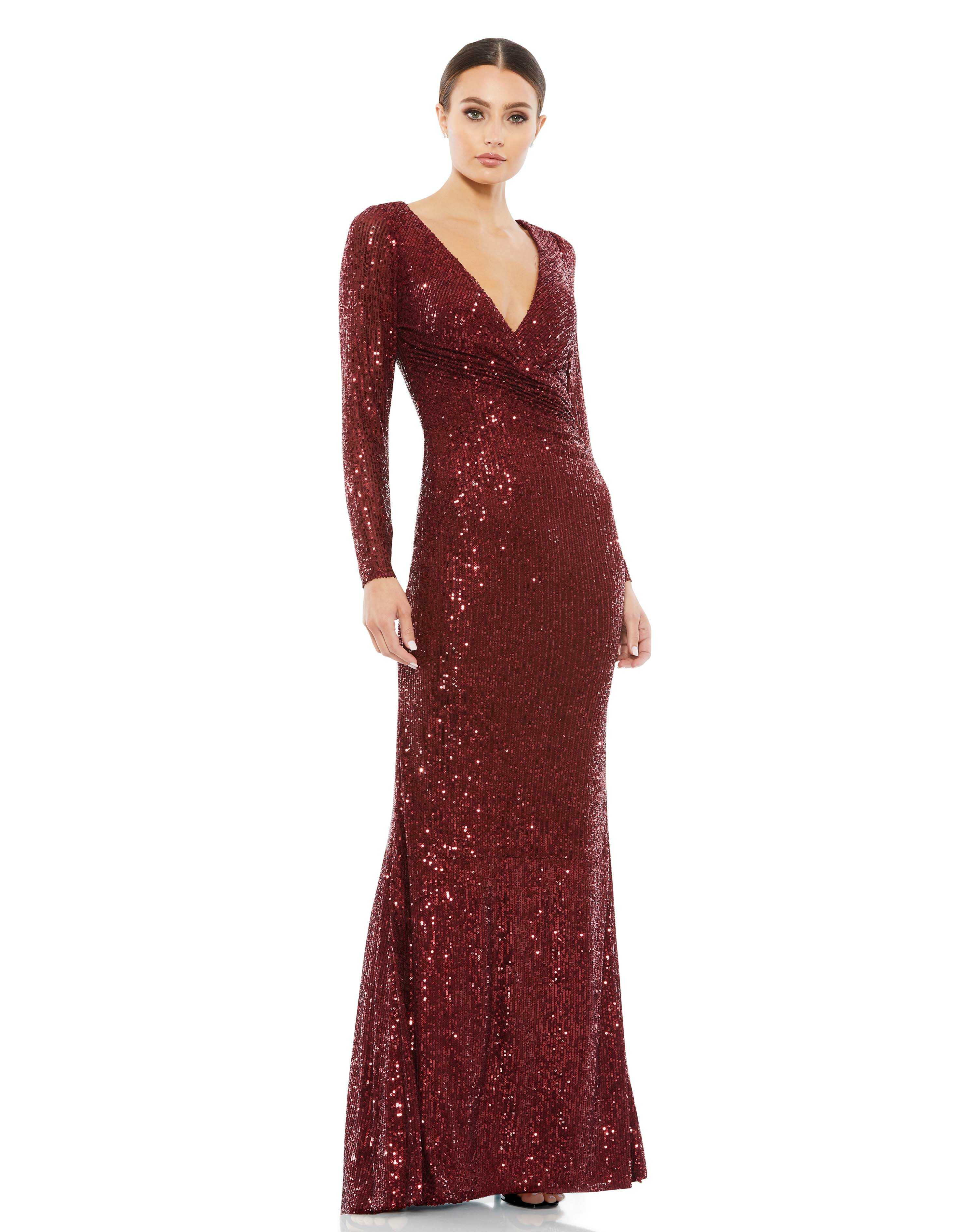 Sequined Faux Wrap Long Sleeve Column Gown