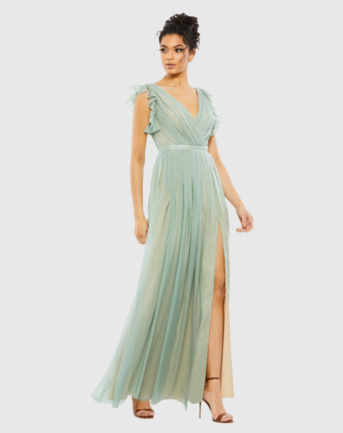 Flowy V Neck Ruffled Cap Sleeve Gown