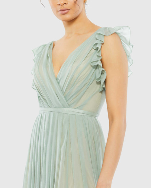 Flowy V Neck Ruffled Cap Sleeve Gown