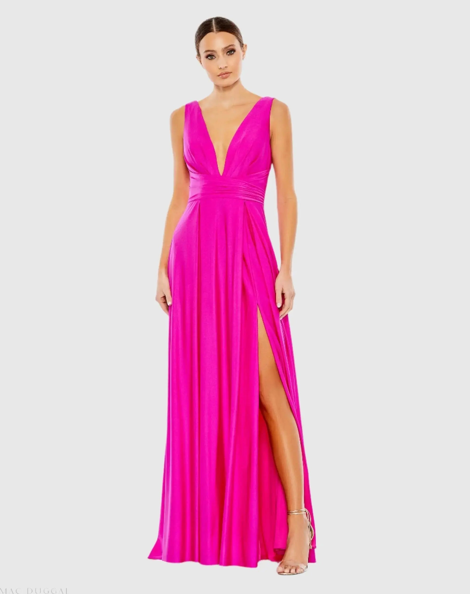 Pink Jersey Plunge Neck Evening Gown - Ieena for Mac Duggal