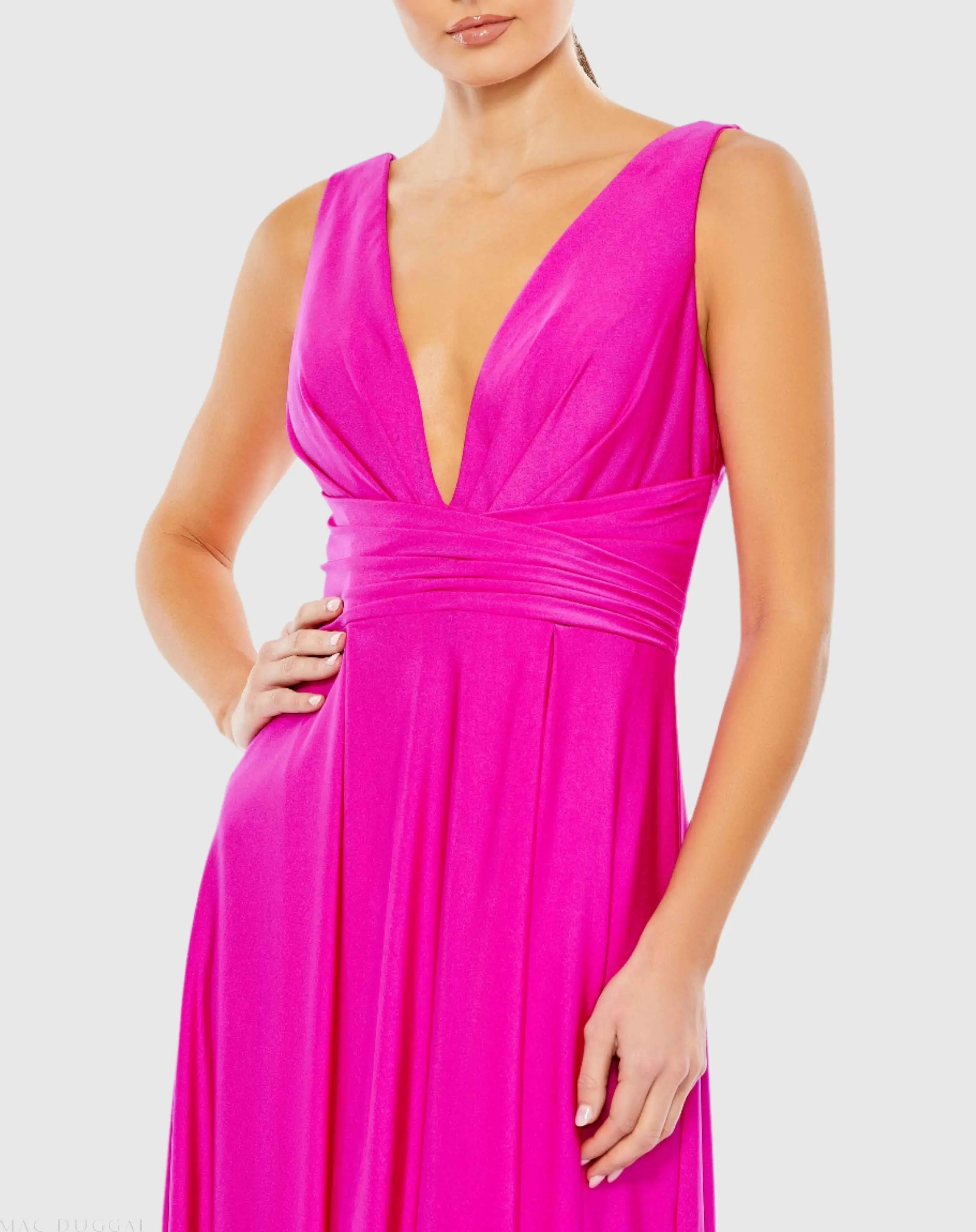 Pink Jersey Plunge Neck Evening Gown - Ieena for Mac Duggal