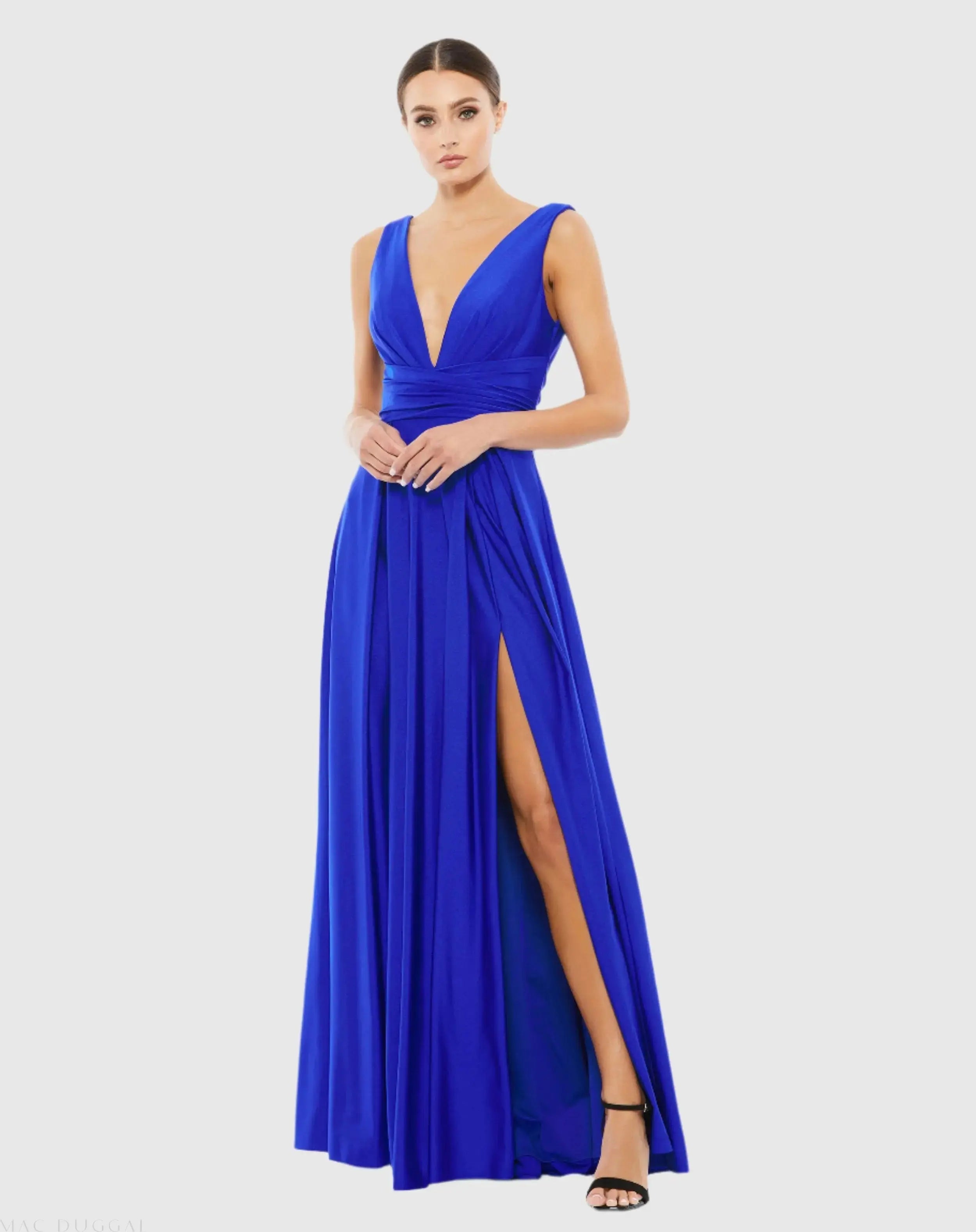 Blue Jersey Plunge Neck Evening Gown - Ieena for Mac Duggal