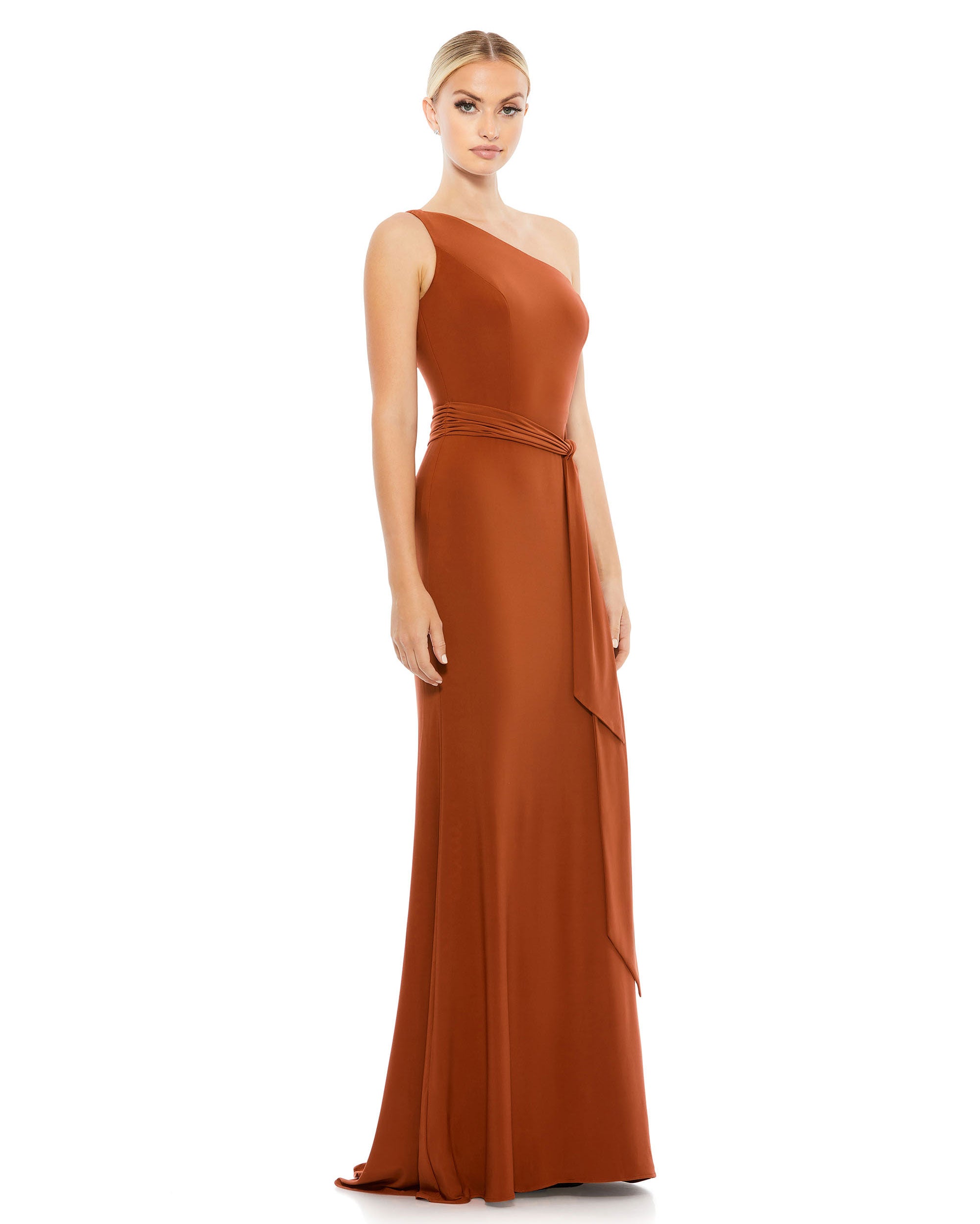 Jersey One Shoulder Belted Trumpet Gown